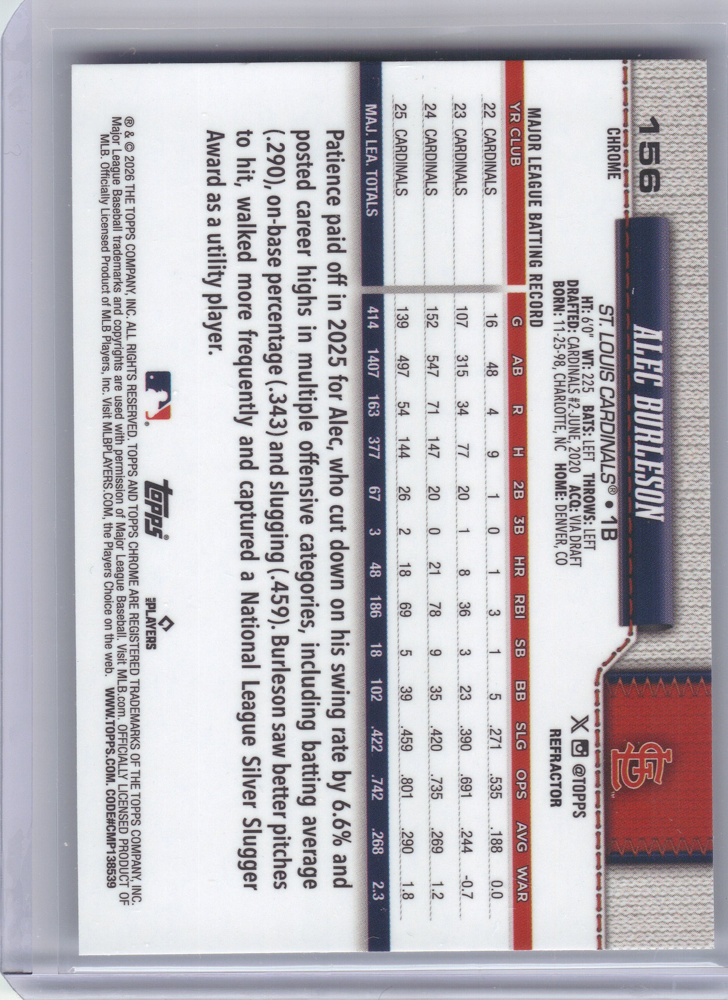 2026 Topps Chrome #156 Alec Burleson Refractor St. Louis Cardinals