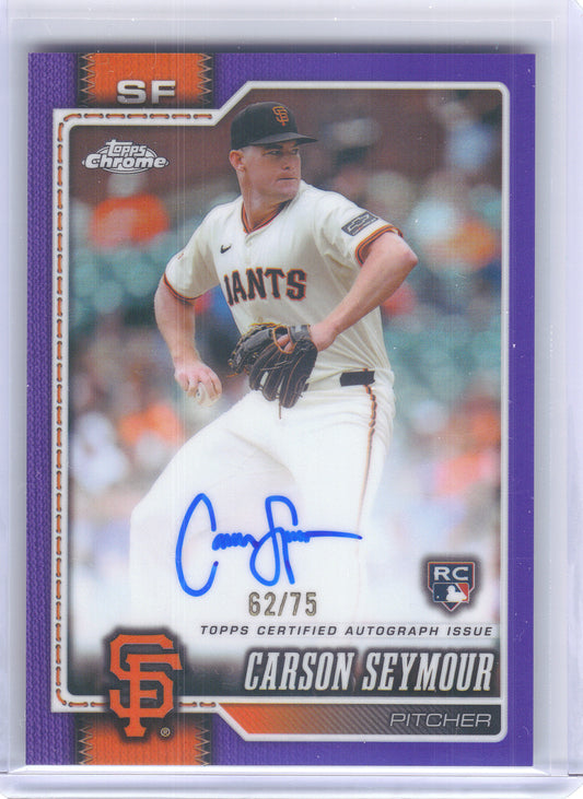 2026 Topps Chrome #RA-CS Carson Seymour Rookie Autographs Purple Geometric Refractors #/75 San Francisco Giants SN, Auto