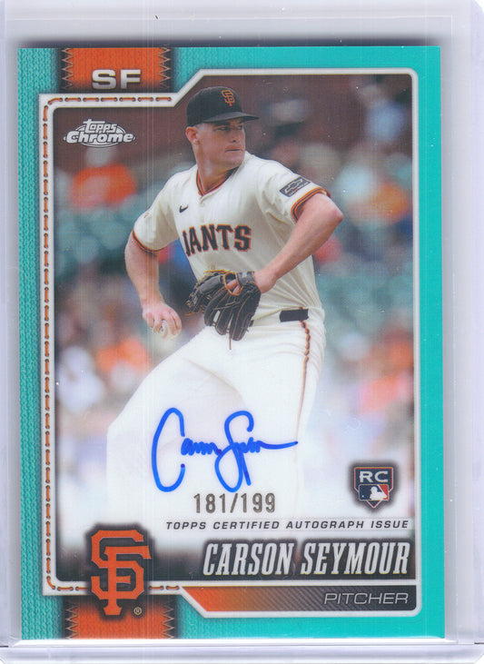 2026 Topps Chrome #RA-CS Carson Seymour Rookie Autographs Aqua Refractors #/199 San Francisco Giants SN, Auto