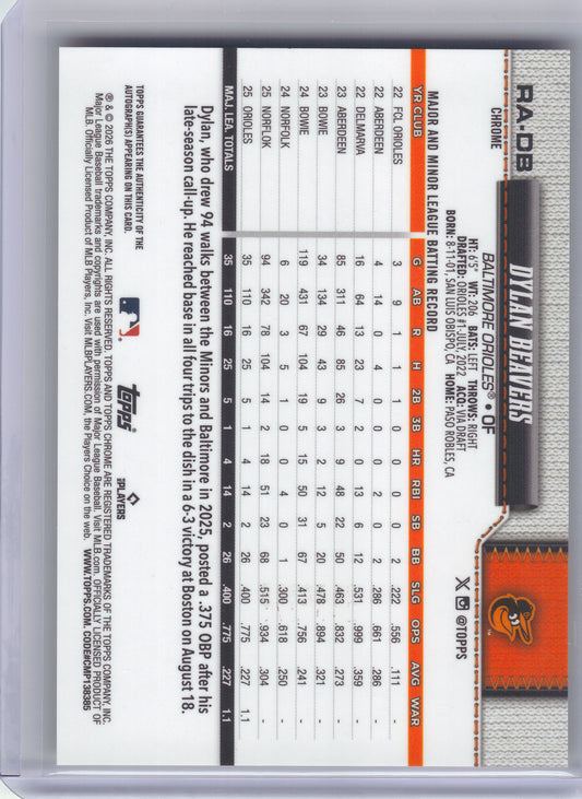 2026 Topps Chrome #RA-DB Dylan Beavers Rookie Autographs Yellow Refractors #/275 Baltimore Orioles SN, Auto