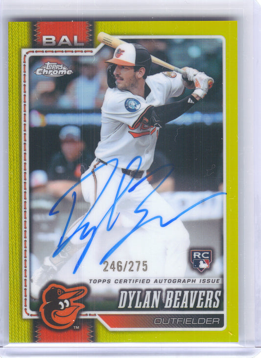 2026 Topps Chrome #RA-DB Dylan Beavers Rookie Autographs Yellow Refractors #/275 Baltimore Orioles SN, Auto