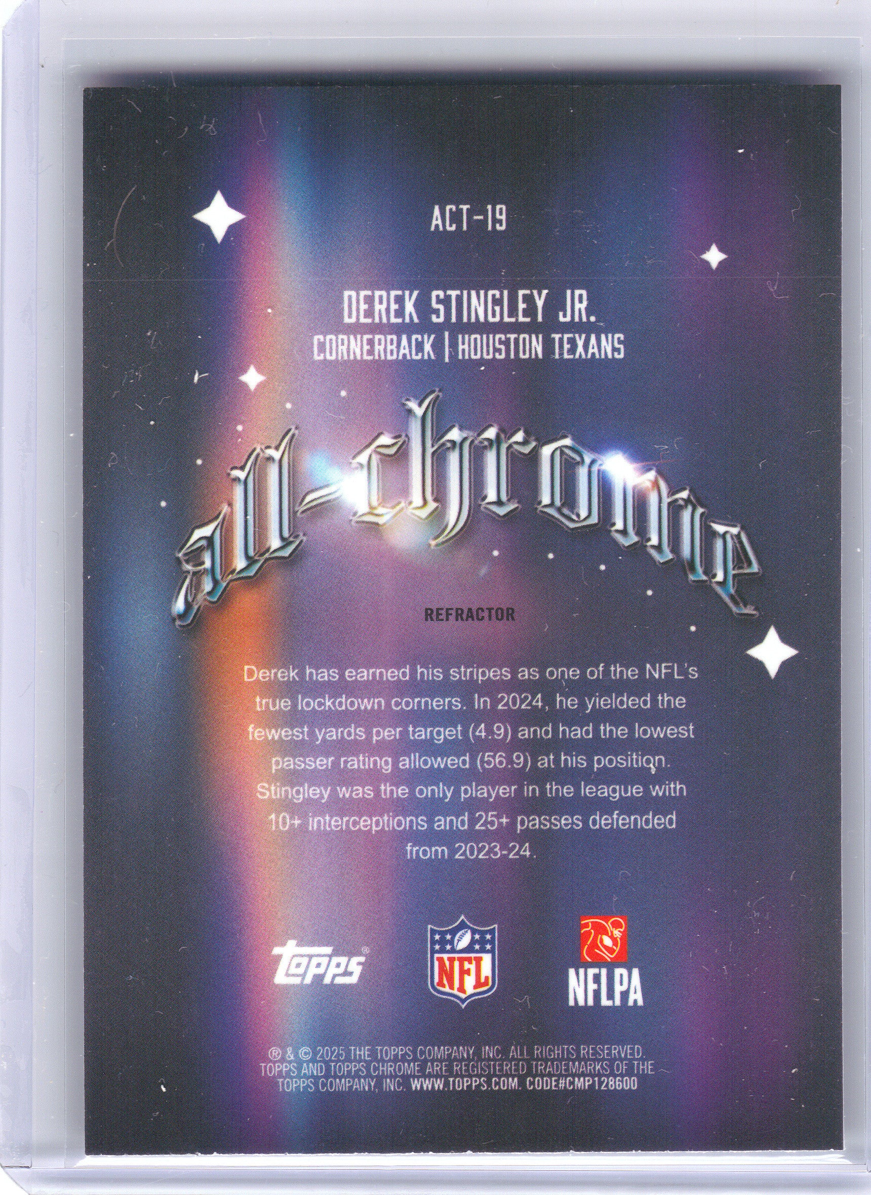 2025 Topps Chrome #ACT-19 Derek Stingley Jr. All-Chrome Team Refractor Houston Texans