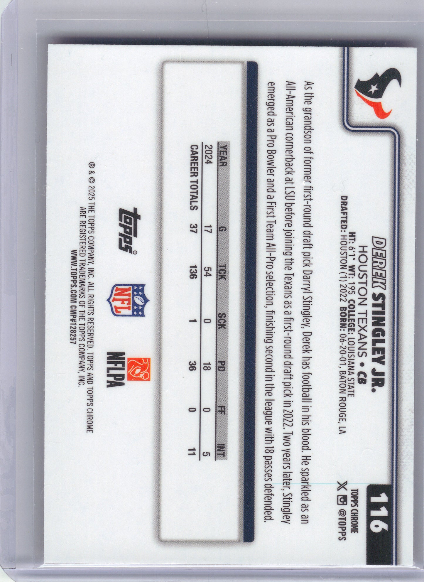 2025 Topps Chrome #116 Derek Stingley Jr. Hot Pink X-Fractor Houston Texans