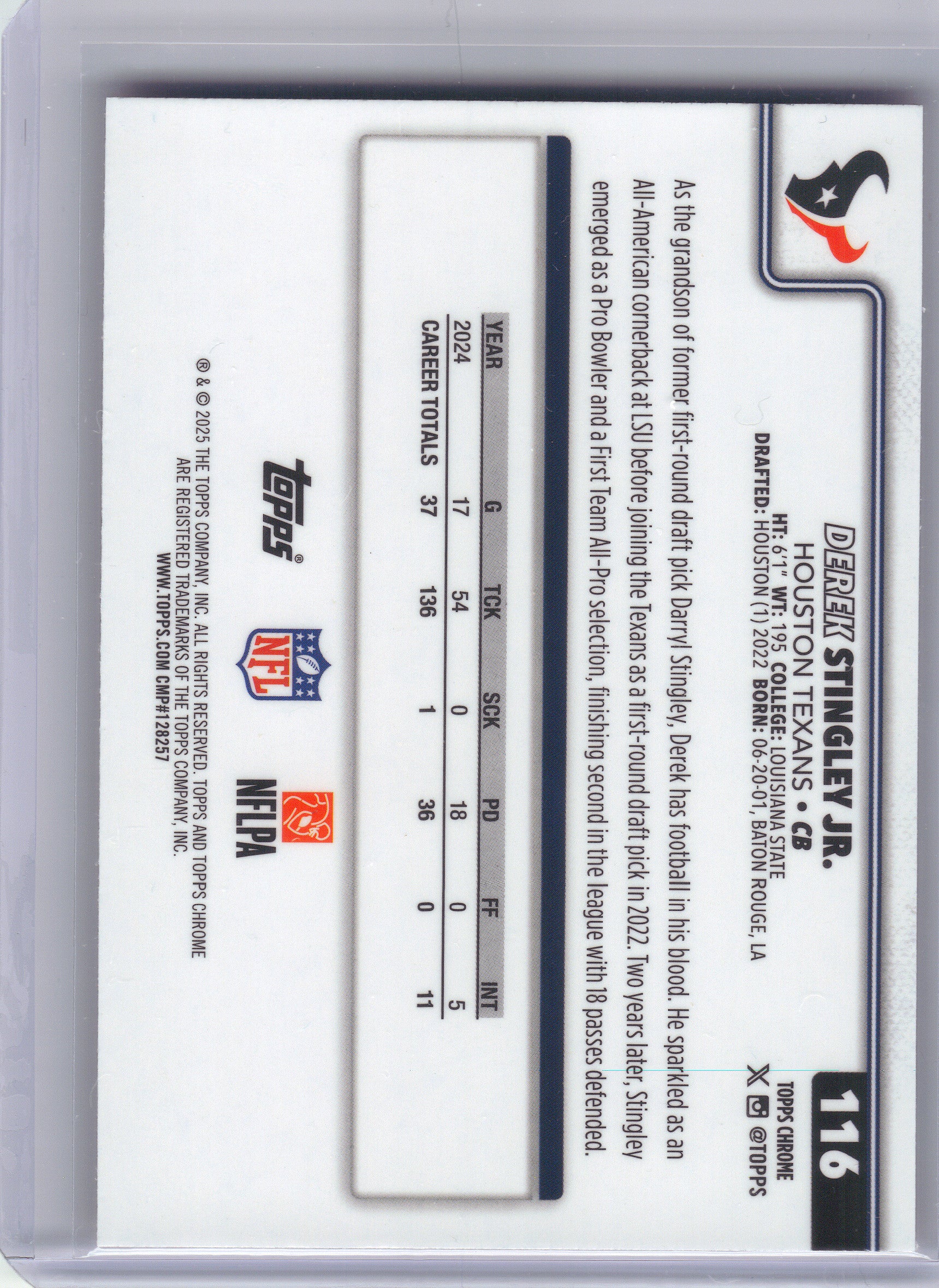 2025 Topps Chrome #116 Derek Stingley Jr. Hot Pink X-Fractor Houston Texans