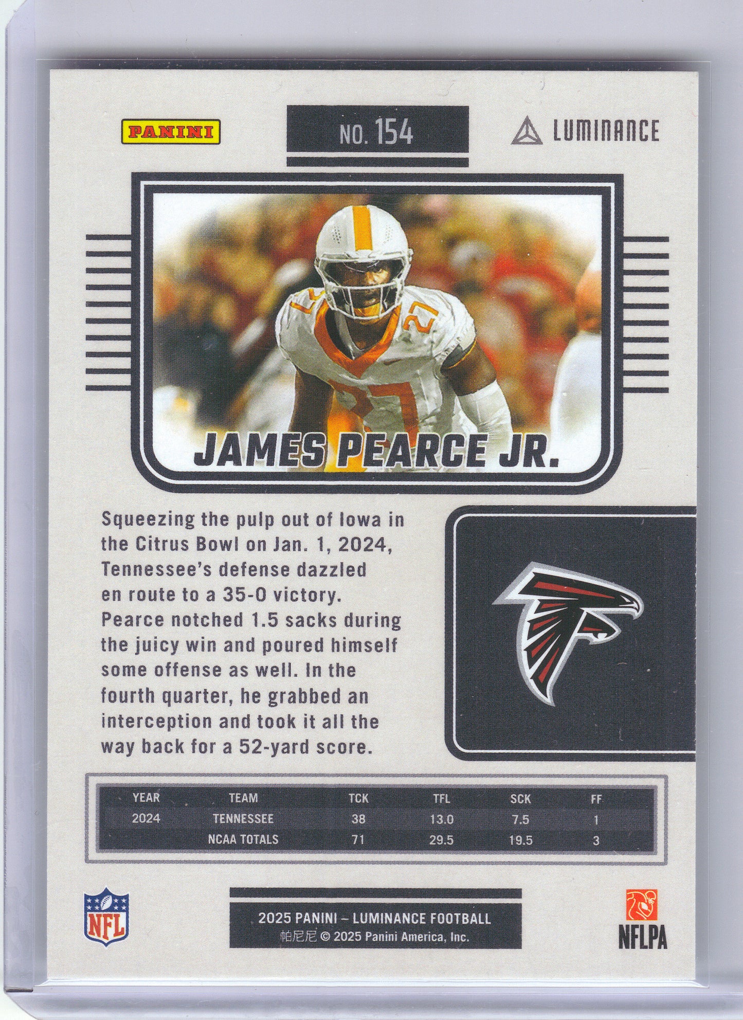 2025 Panini Luminance #154 James Pearce Jr. Atlanta Falcons Rookie
