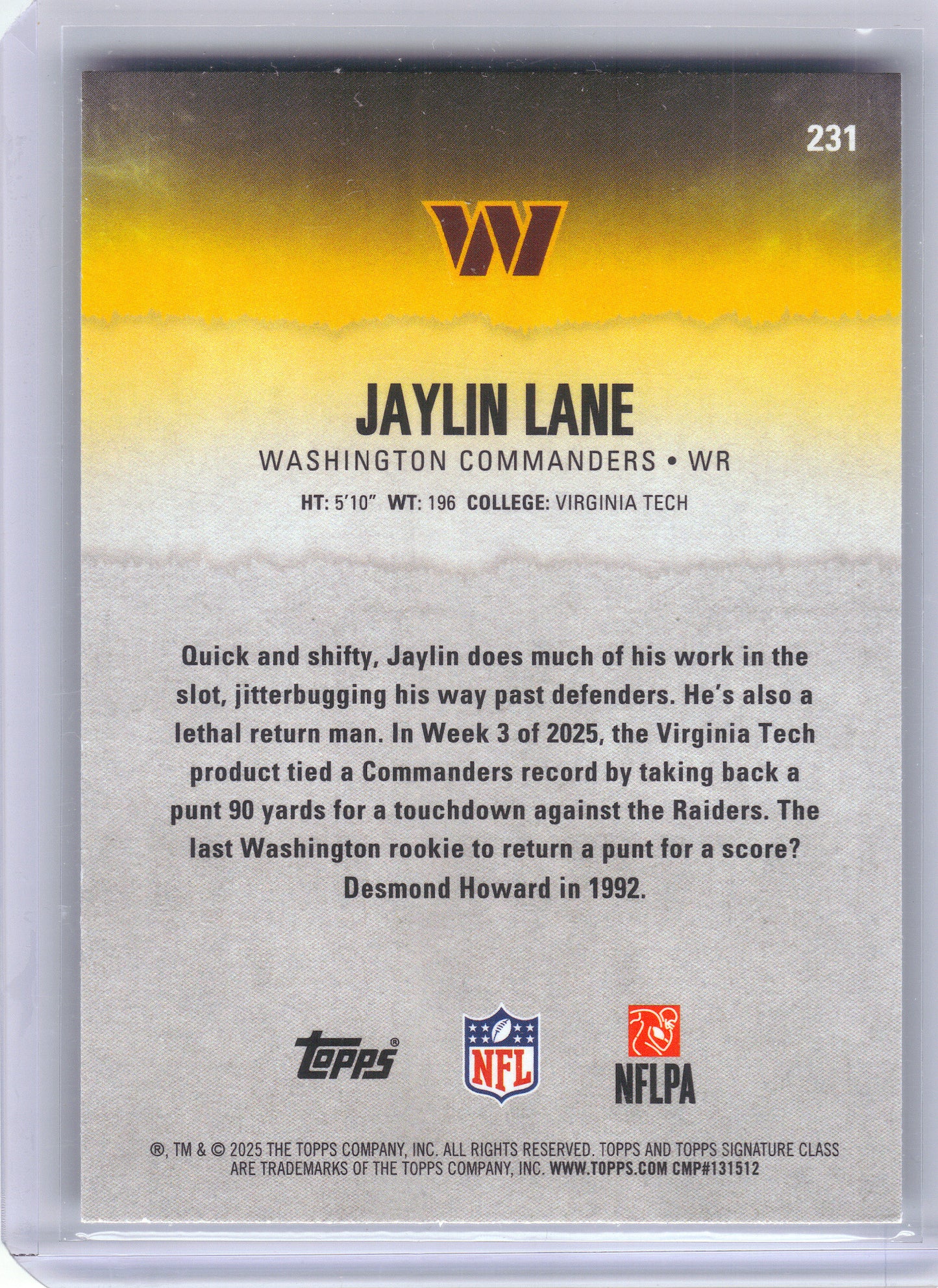 2025 Topps Signature Class #231 Jaylin Lane Washington Commanders Rookie