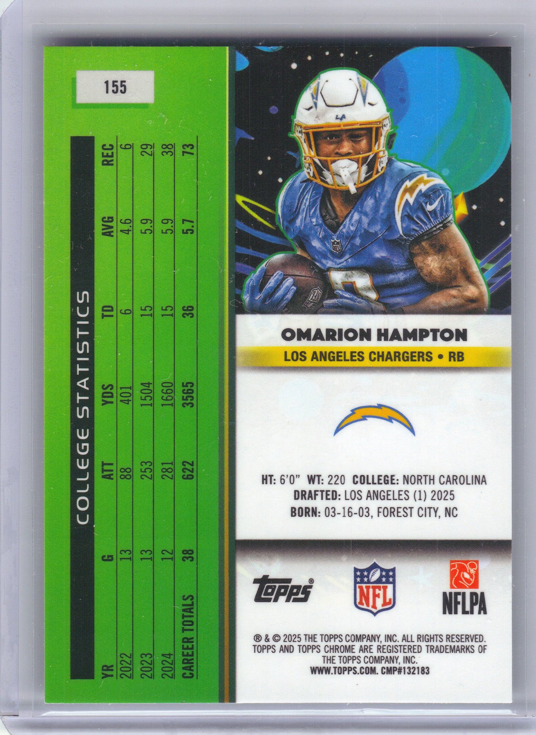 2025 Topps Chrome Cosmic #155 Omarion Hampton Los Angeles Chargers Rookie