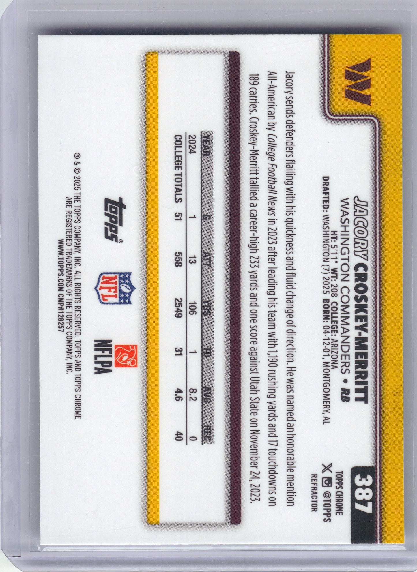 2025 Topps Chrome #387 Jacory Croskey-Merritt Refractor Washington Commanders Rookie