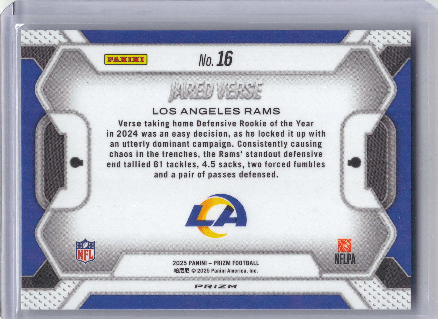 2025 Panini Prizm #16 Jared Verse Lockdown! Los Angeles Rams