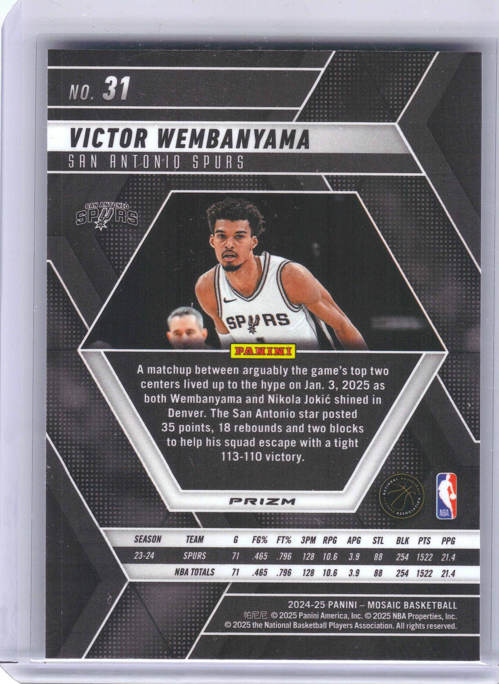 2024-25 Panini Mosaic #31 Victor Wembanyama Silver San Antonio Spurs