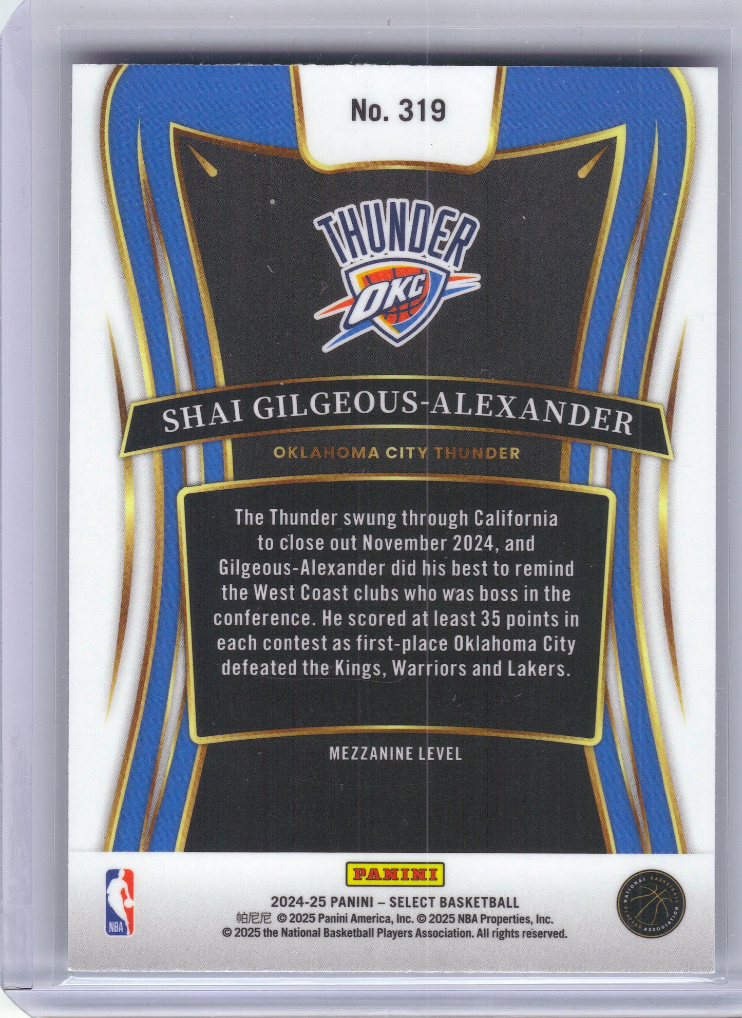 2024-25 Panini Select #319 Shai Gilgeous-Alexander Oklahoma City Thunder