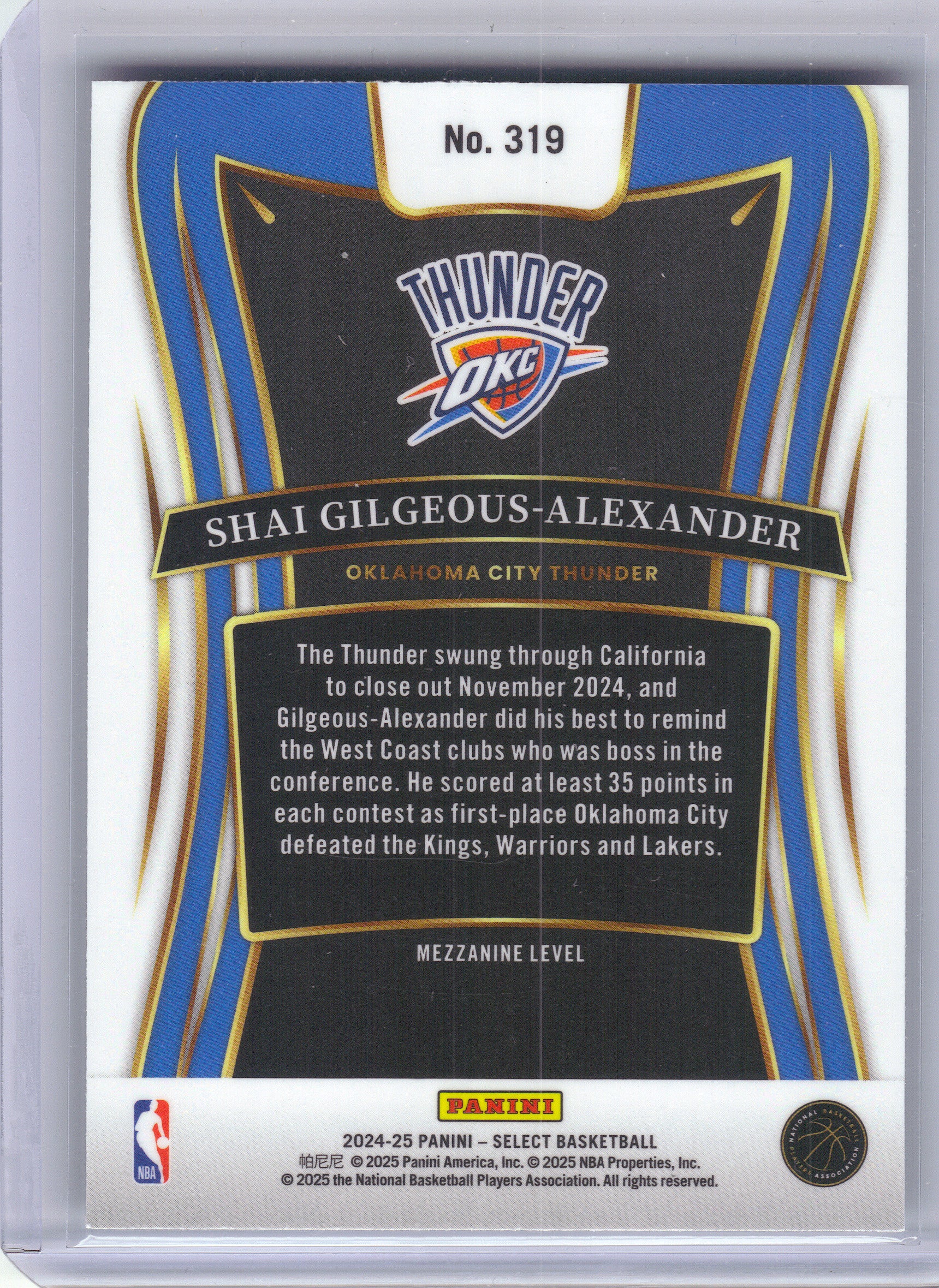 2024-25 Panini Select #319 Shai Gilgeous-Alexander Oklahoma City Thunder