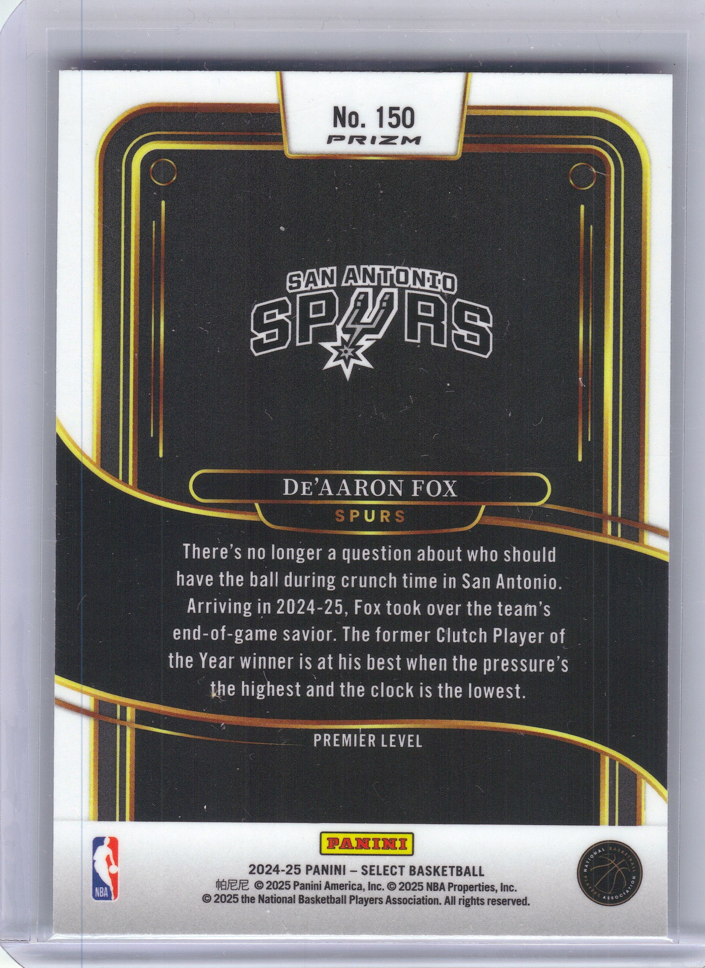 2024-25 Panini Select #150 De'Aaron Fox Green White Purple Prizm San Antonio Spurs