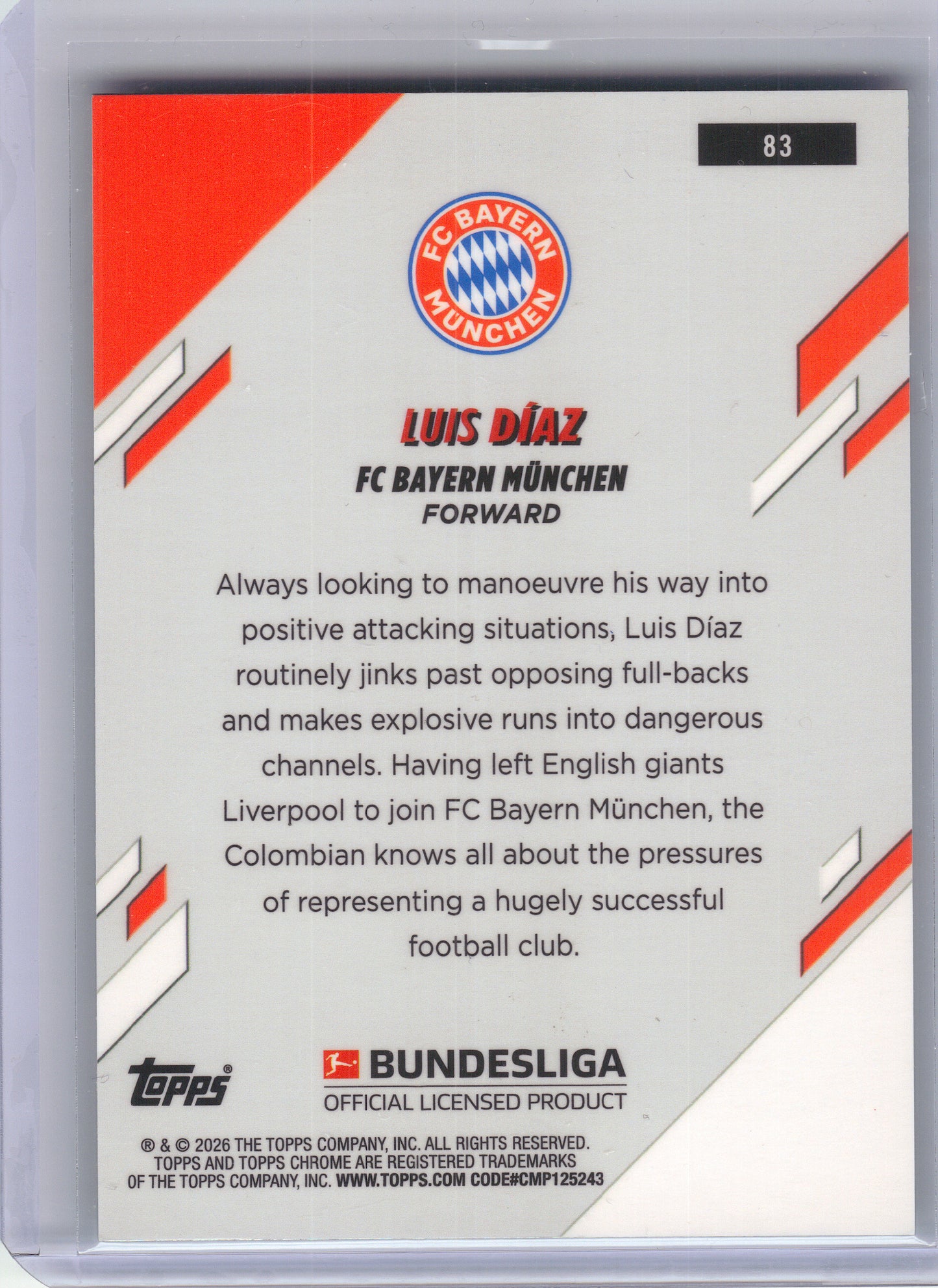 2025-26 Topps Chrome Bundesliga #83 Luis Díaz Aqua Mini-Diamond Refractor #/199 FC Bayern Munchen SN