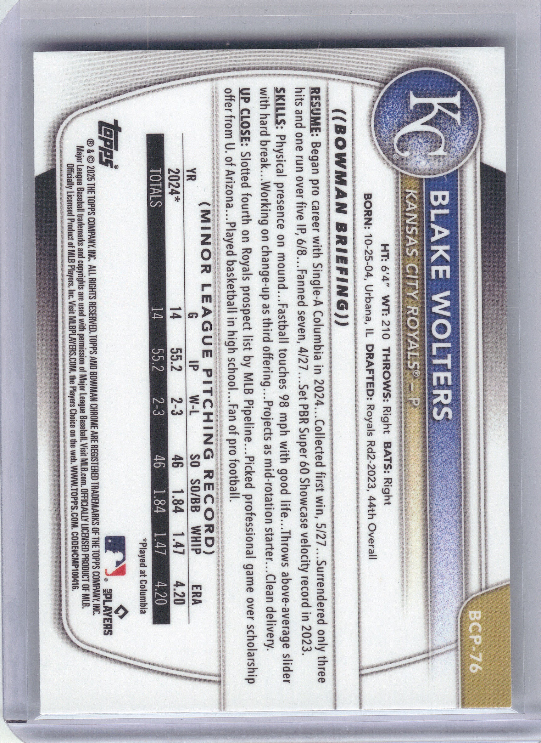 2025 Bowman #BCP-76 Blake Wolters Chrome Prospects Mini Diamond Refractor Kansas City Royals