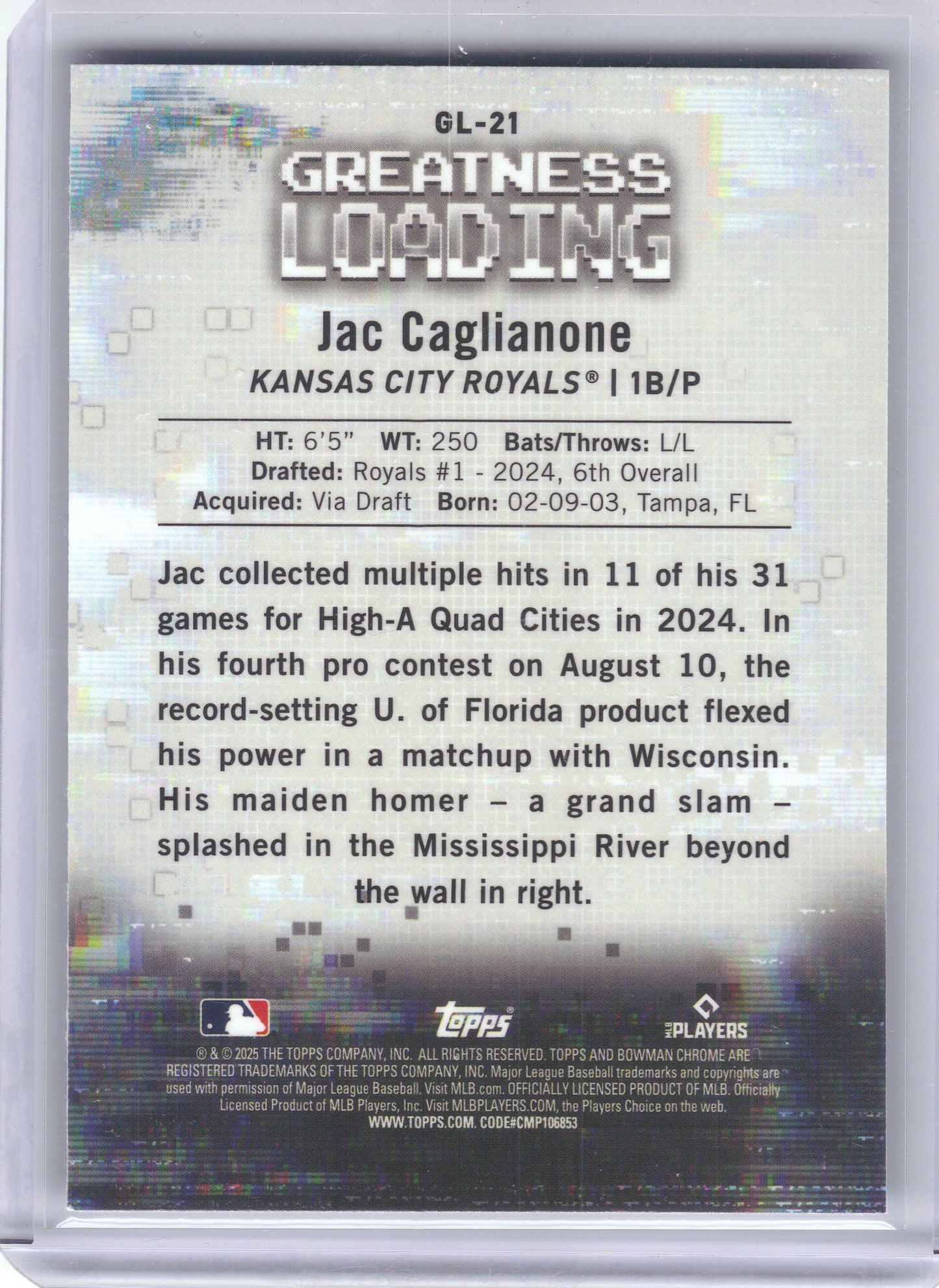 2025 Bowman #GL-21 Jac Caglianone Greatness Loading Kansas City Royals