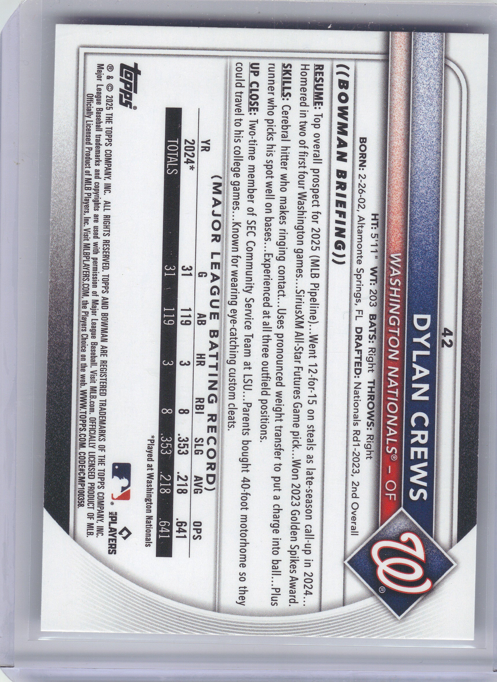 2025 Bowman #42 Dylan Crews Washington Nationals Rookie