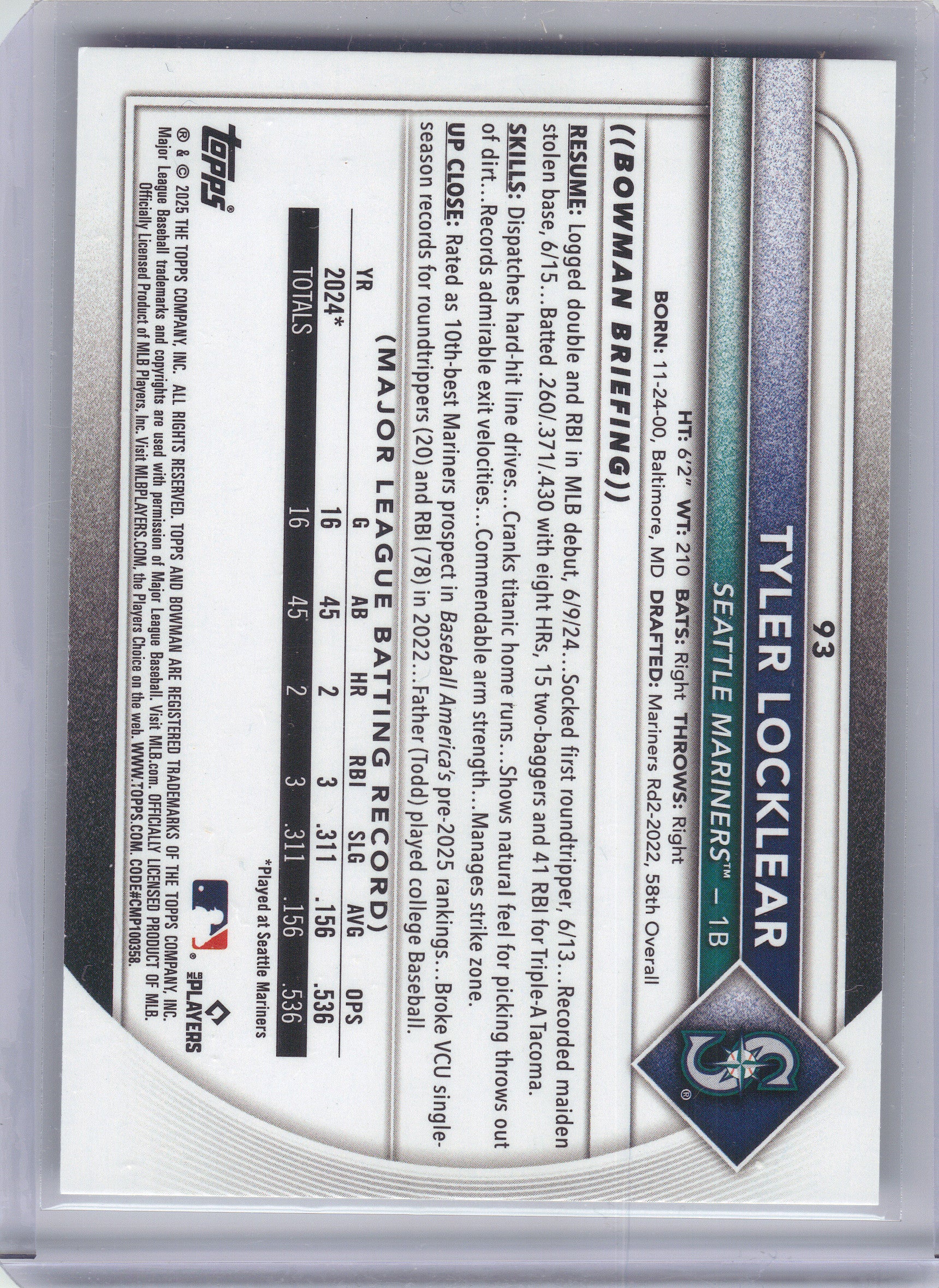 2025 Bowman #93 Tyler Locklear Seattle Mariners Rookie