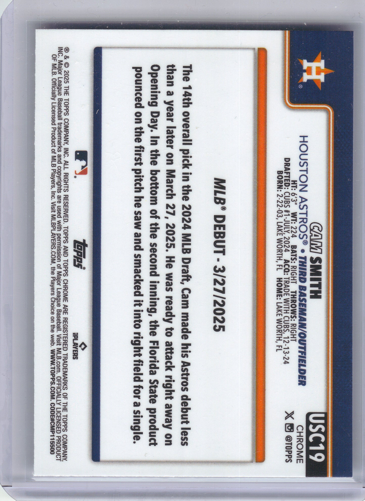 2025 Topps Chrome Update #USC19 Cam Smith Houston Astros