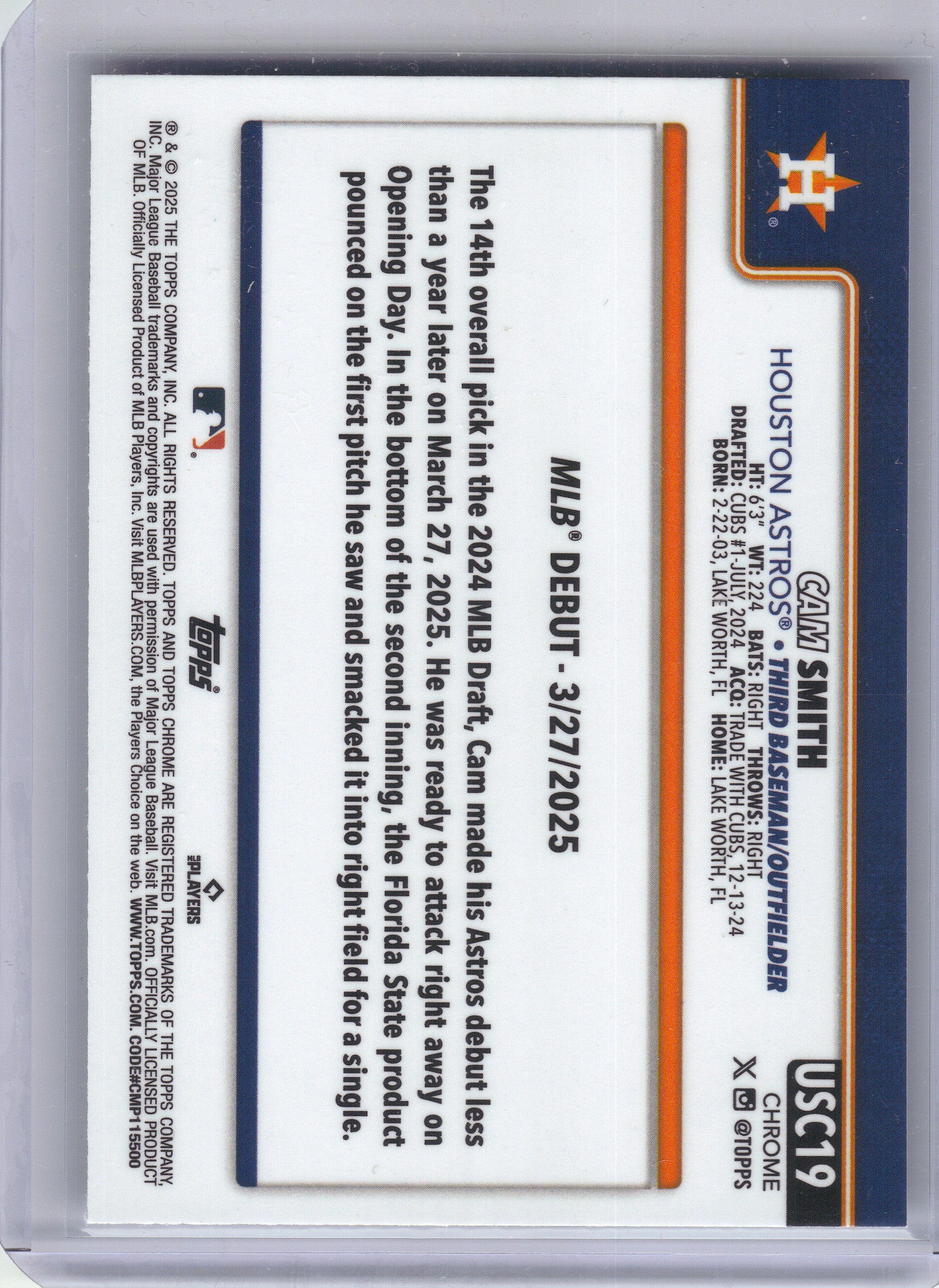 2025 Topps Chrome Update #USC19 Cam Smith Houston Astros