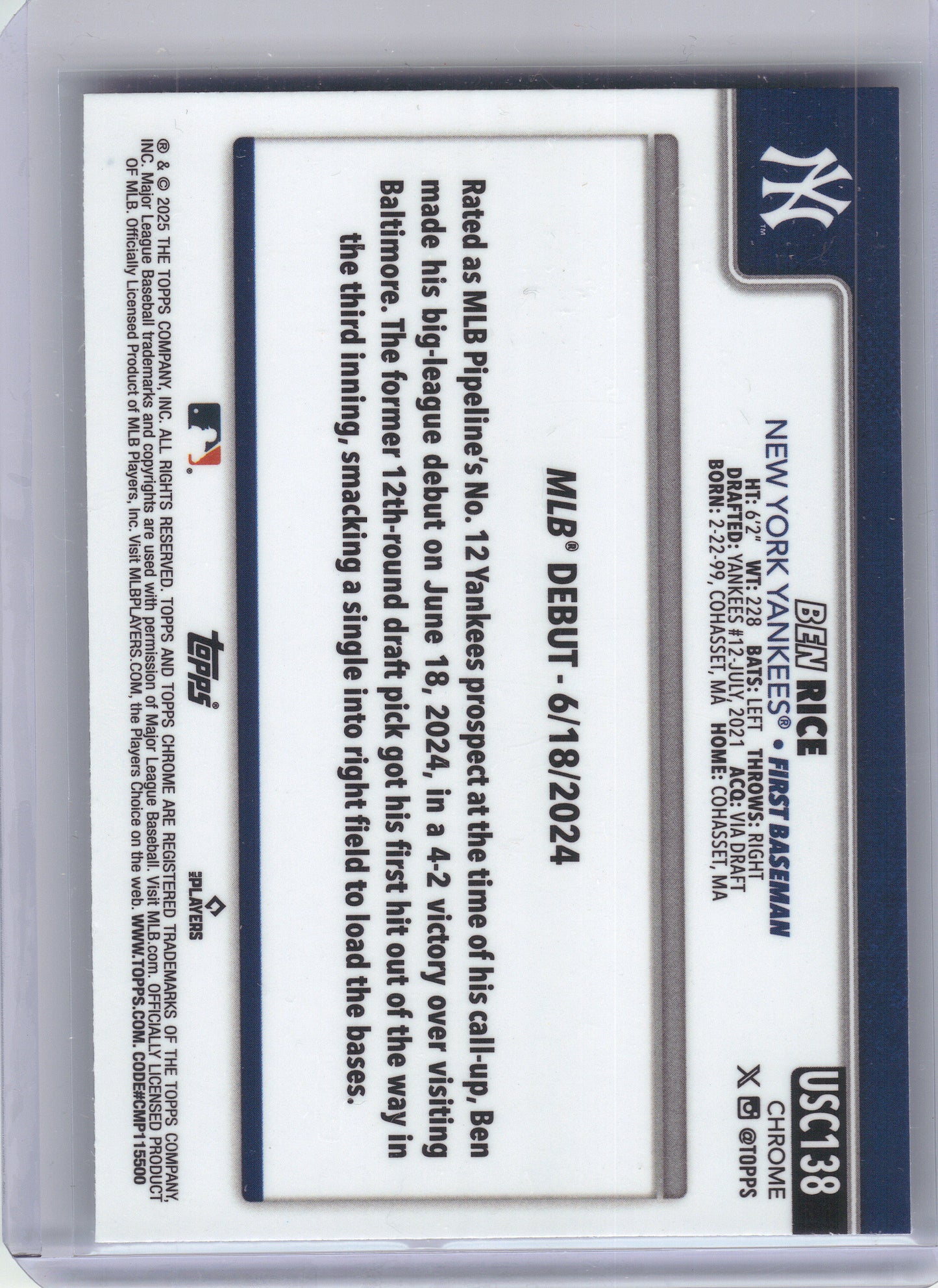 2025 Topps Chrome Update #USC138 Ben Rice New York Yankees