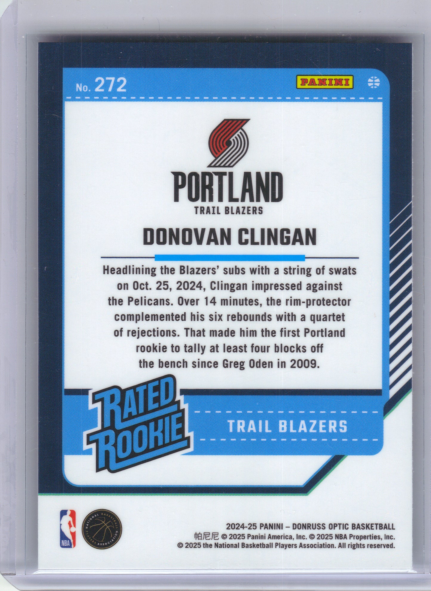 2024-25 Donruss Optic #272 Donovan Clingan Portland Trail Blazers Rookie