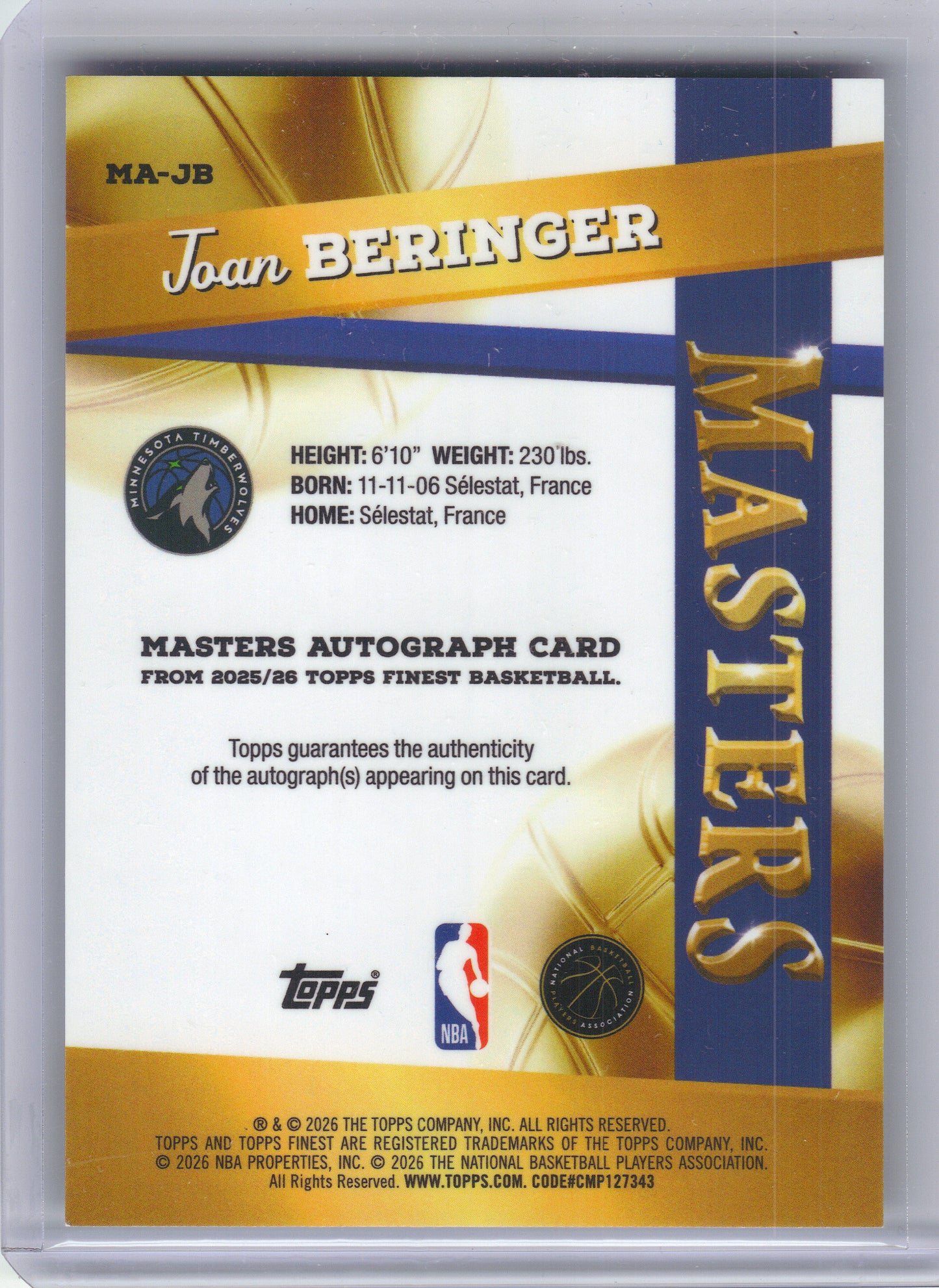 2025-26 Finest #MA-JB Joan Beringer Masters Autographs Minnesota Timberwolves Auto
