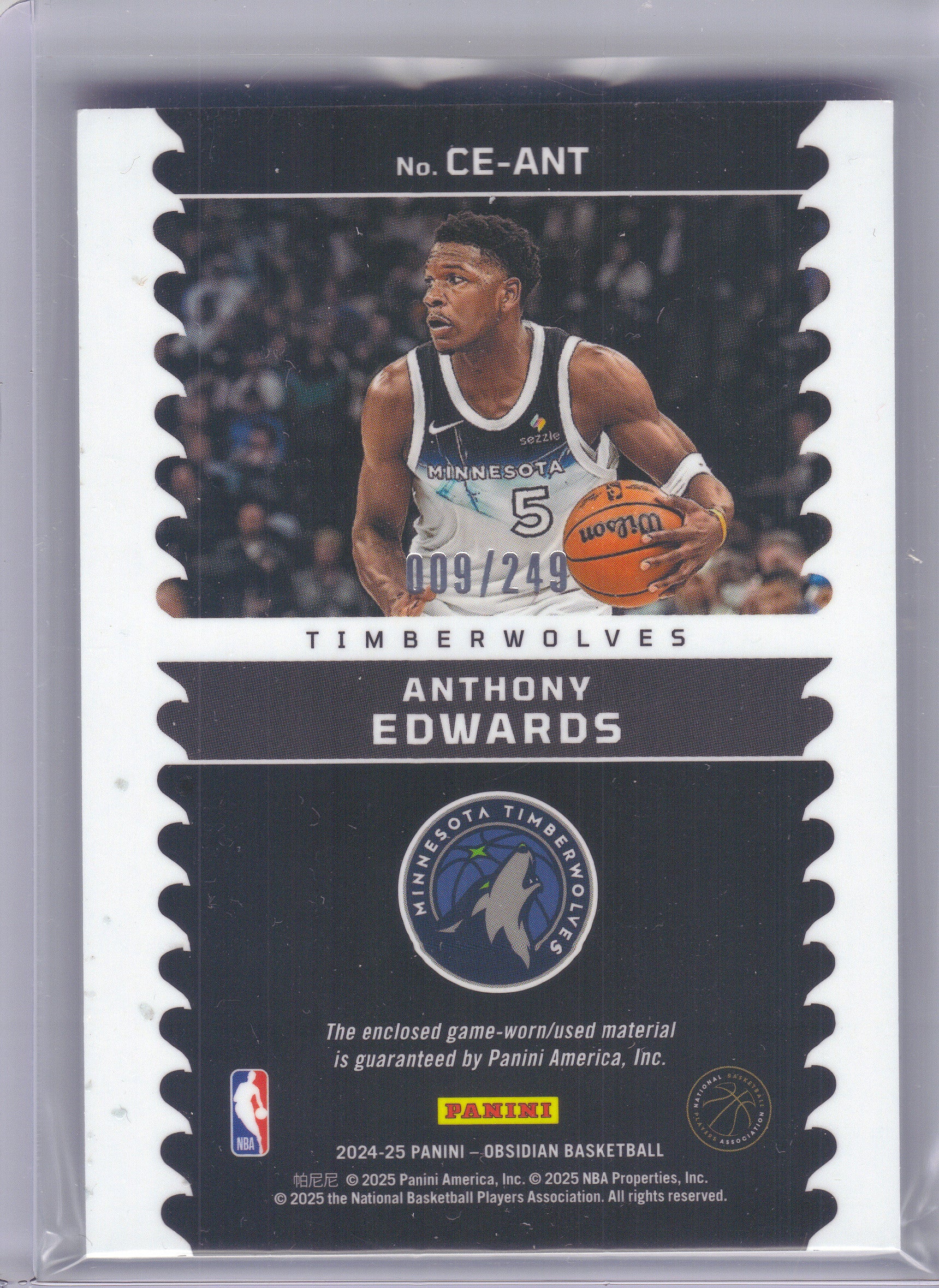 2023-24 Panini Obsidian #CE-ANT Anthony Edwards Cutting Edge Memorabilia #/249 Minnesota Timberwolves SN, Memorabilia