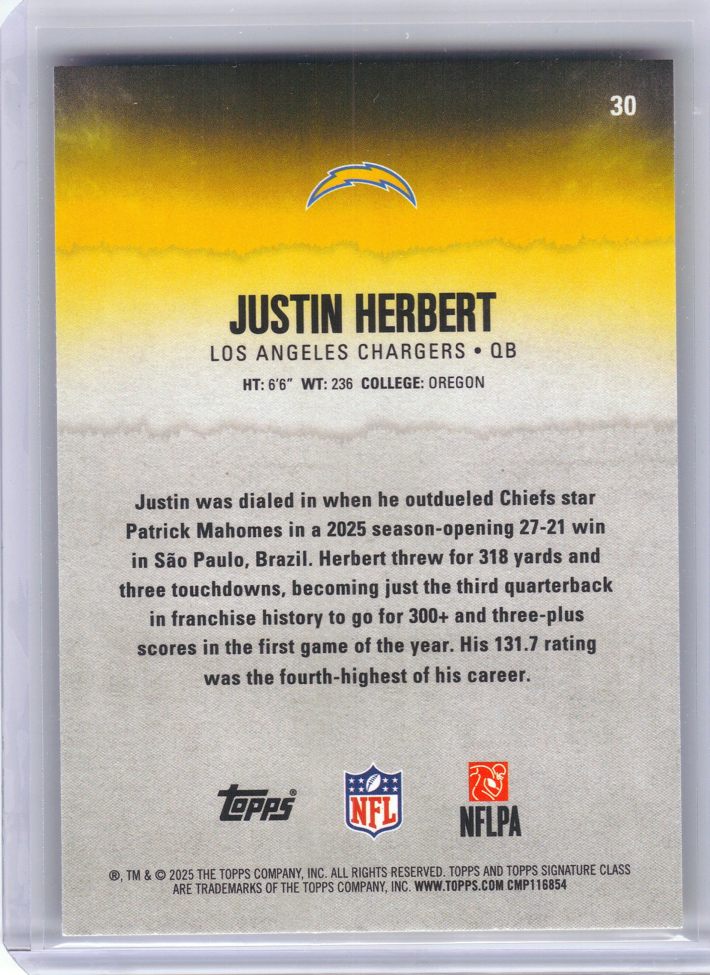 2025 Topps Signature Class #30 Justin Herbert Blue & Yellow Los Angeles Chargers