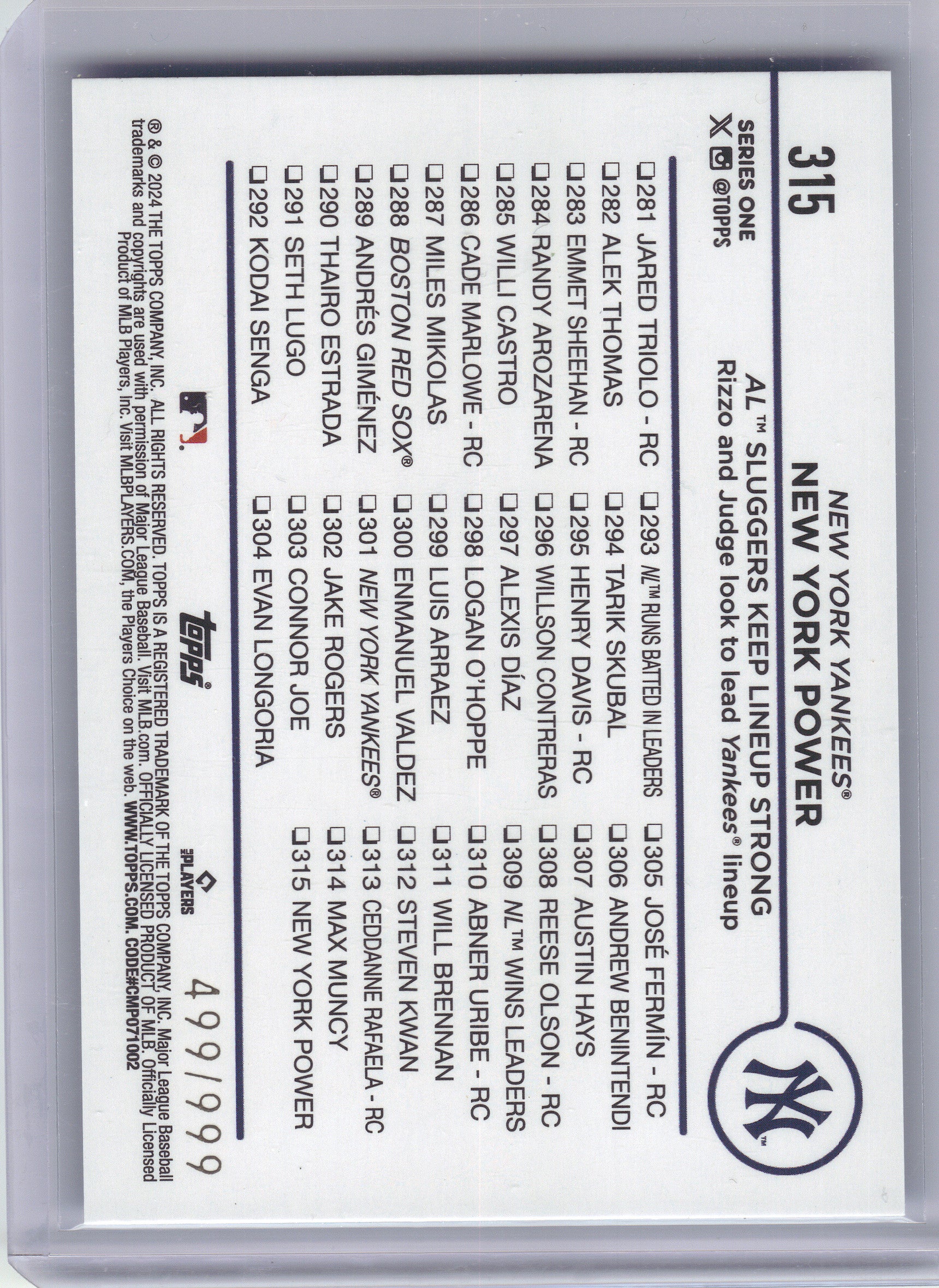 2024 Topps #315 New York Power: AL Sluggers Keep Lineup Strong Blue Holofoil #/999 New York Yankees SN