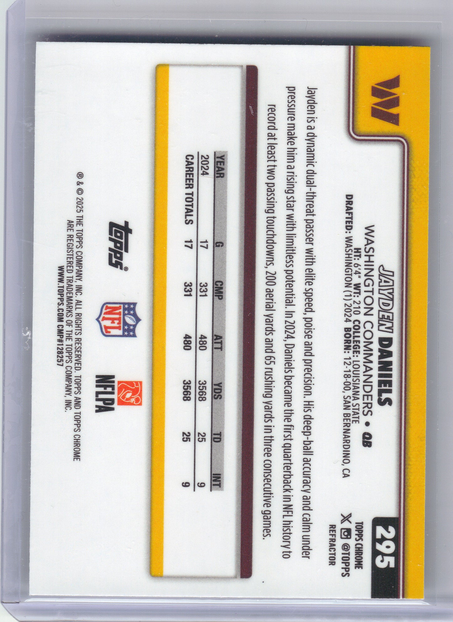 2025 Topps Chrome #295 Jayden Daniels Refractor Washington Commanders