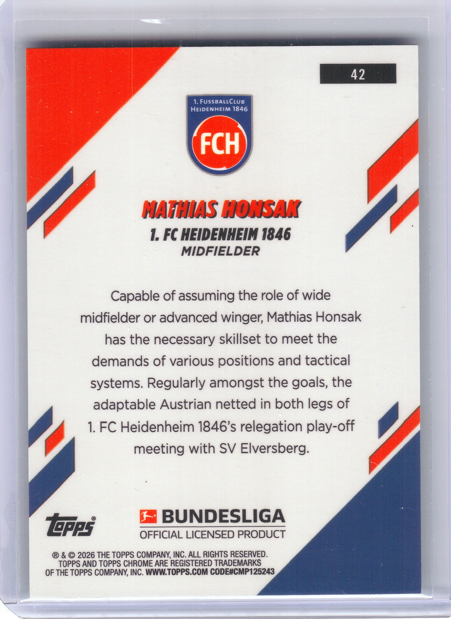 2025-26 Topps Chrome Bundesliga #42 Mathias Honsak Aqua Mini-Diamond Refractor #/199 1. FC Heidenheim 1846 SN