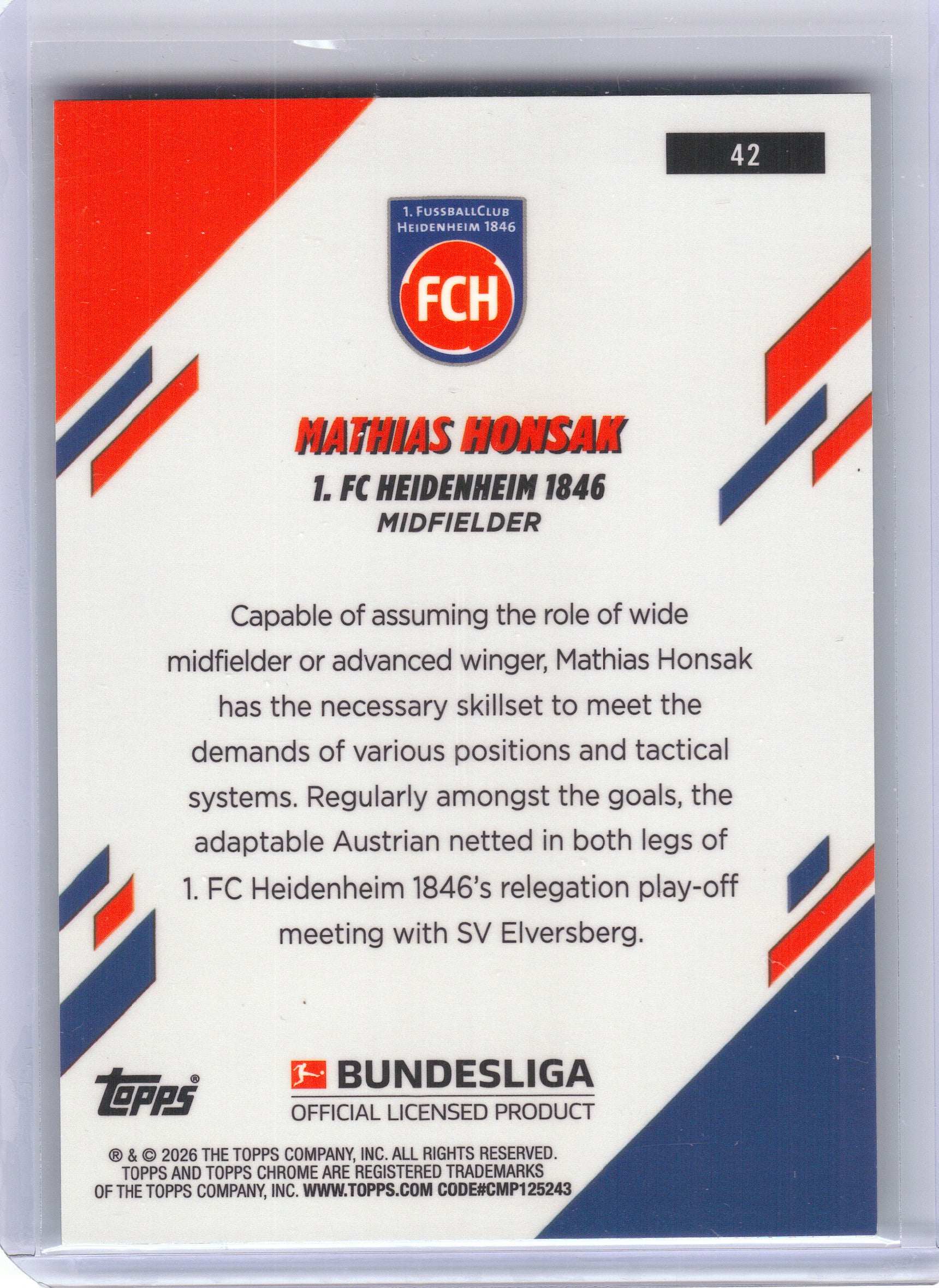 2025-26 Topps Chrome Bundesliga #42 Mathias Honsak Aqua Mini-Diamond Refractor #/199 1. FC Heidenheim 1846 SN