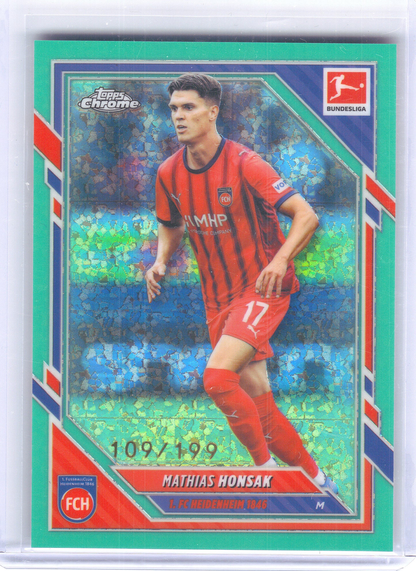 2025-26 Topps Chrome Bundesliga #42 Mathias Honsak Aqua Mini-Diamond Refractor #/199 1. FC Heidenheim 1846 SN