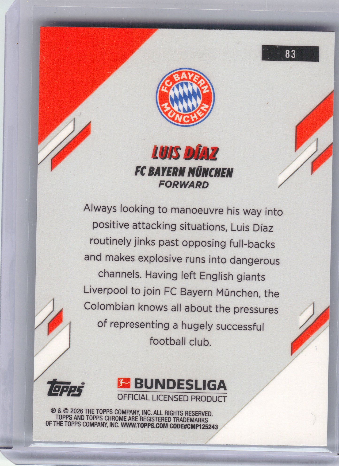 2025-26 Topps Chrome Bundesliga #83 Luis Díaz FC Bayern Munchen