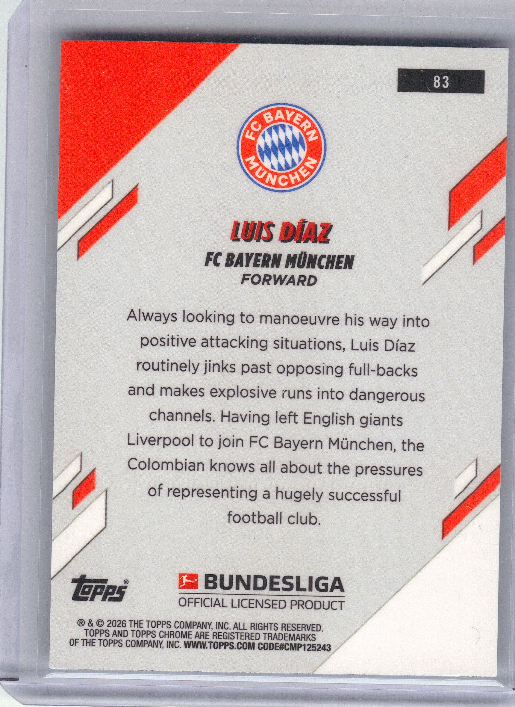 2025-26 Topps Chrome Bundesliga #83 Luis Díaz FC Bayern Munchen
