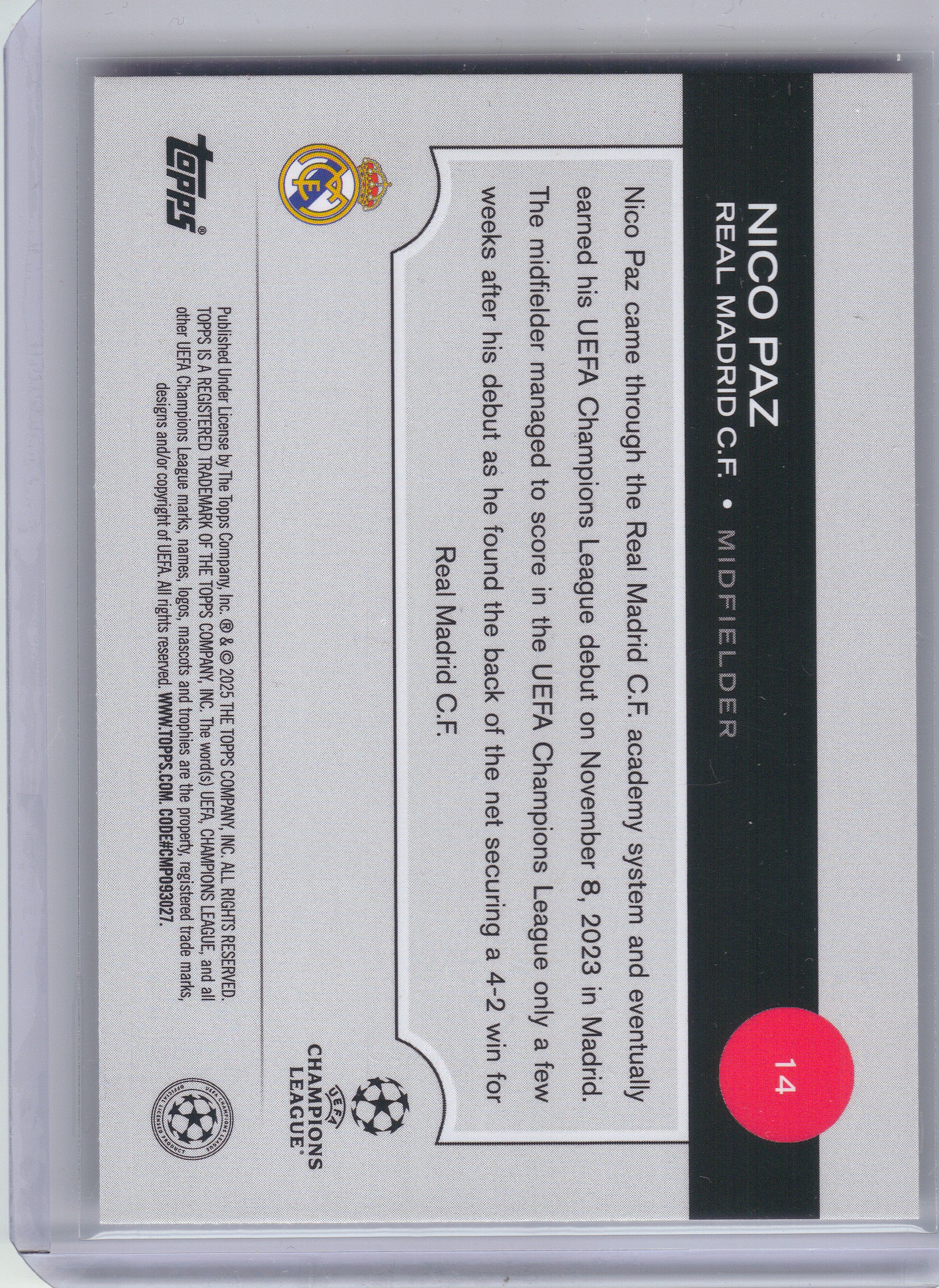 2024-25 Topps UEFA Club Competitions #14 Nico Paz Rain Drops Foil Real Madrid CF