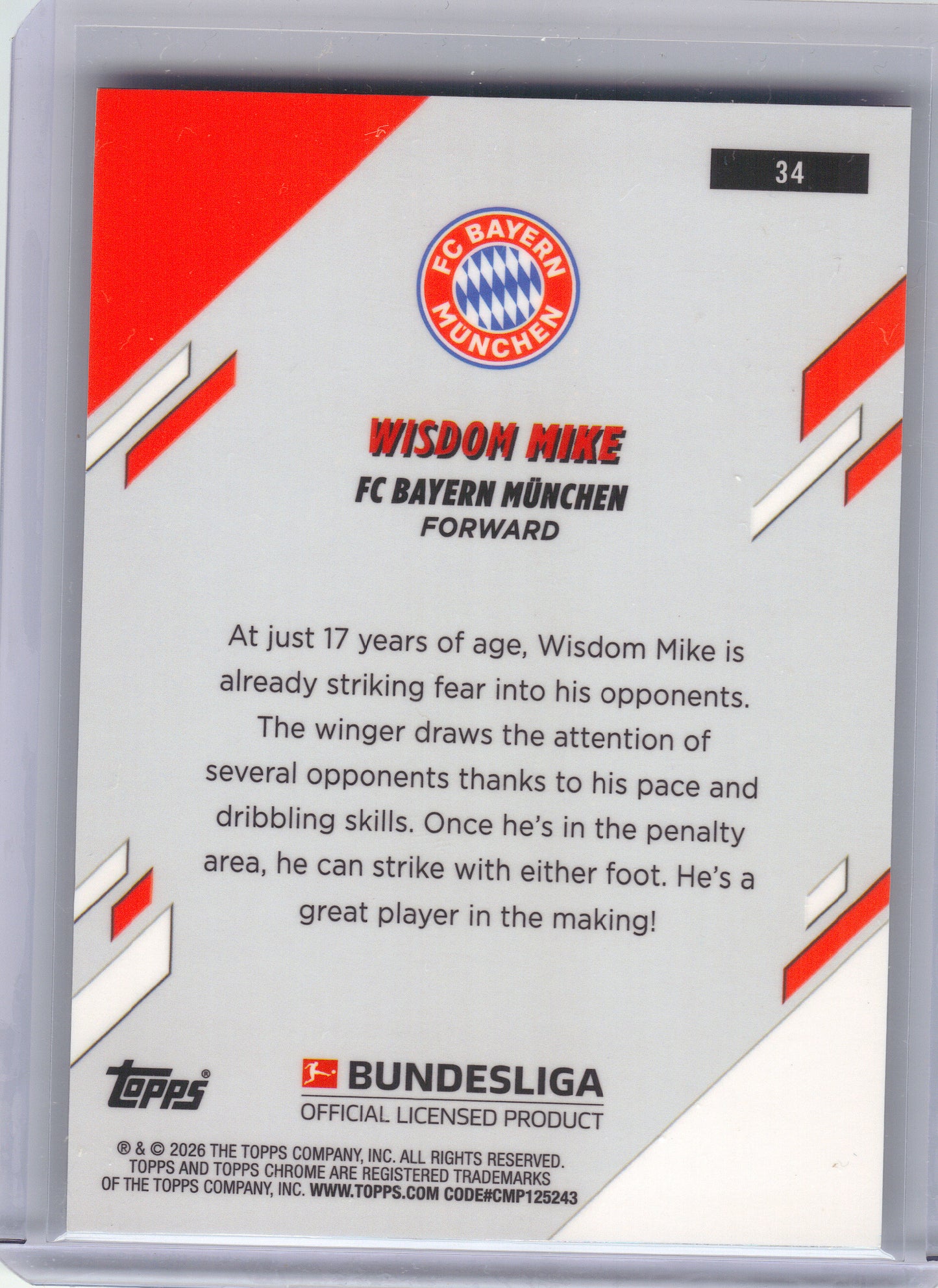 2025-26 Topps Chrome Bundesliga #34 Wisdom Mike Pulsar Refractor FC Bayern Munchen Rookie
