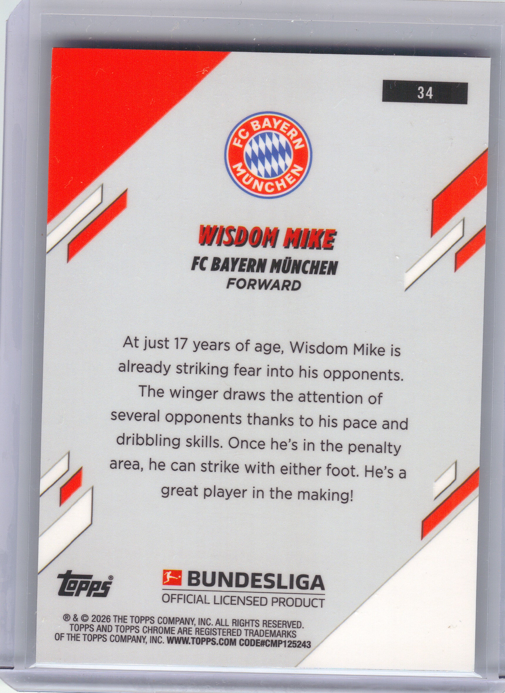 2025-26 Topps Chrome Bundesliga #34 Wisdom Mike Pulsar Refractor FC Bayern Munchen Rookie