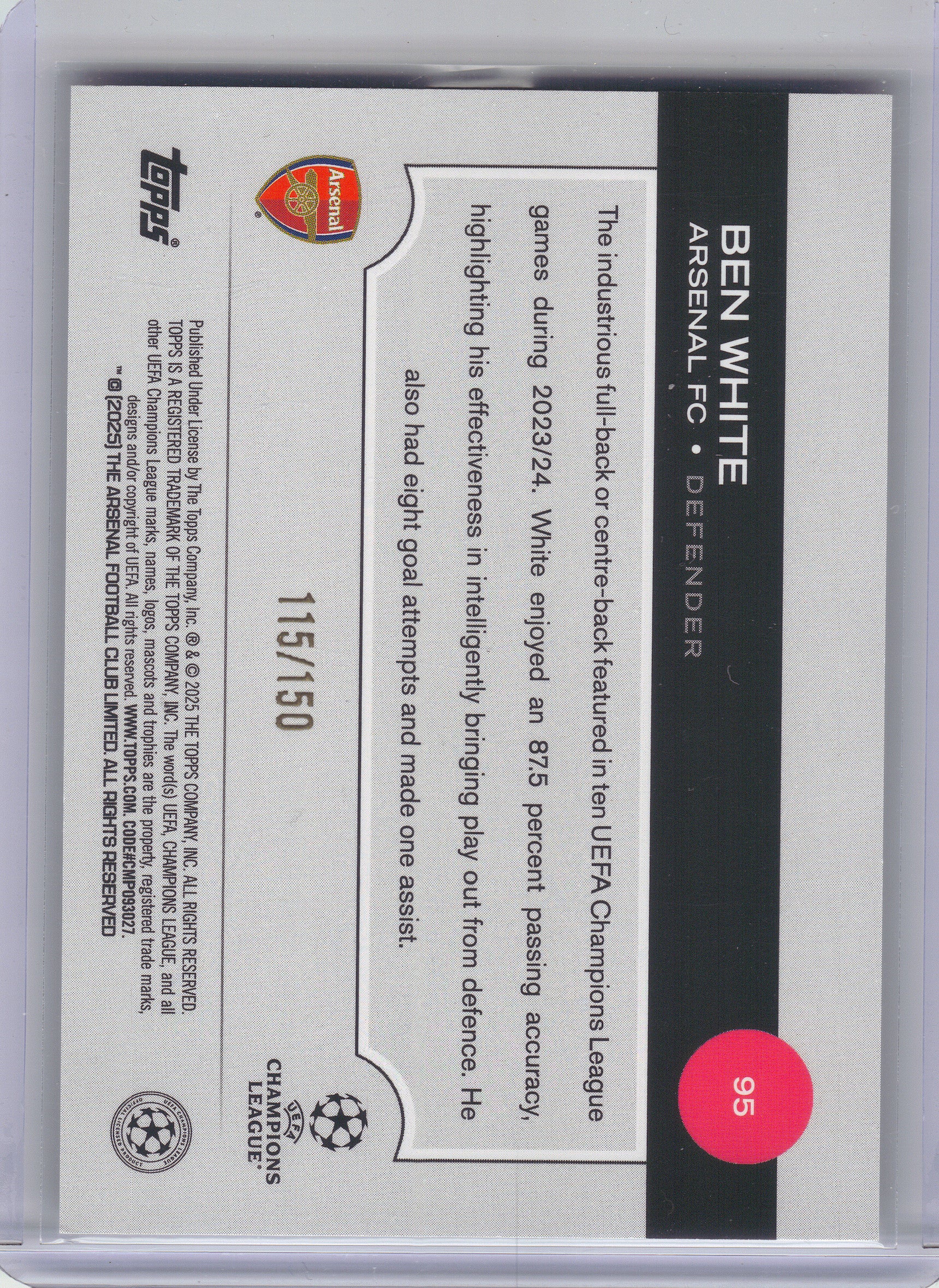 2024-25 Topps UEFA Club Competitions #95 Ben White Black & White Icy Foil #/150 Arsenal FC SN