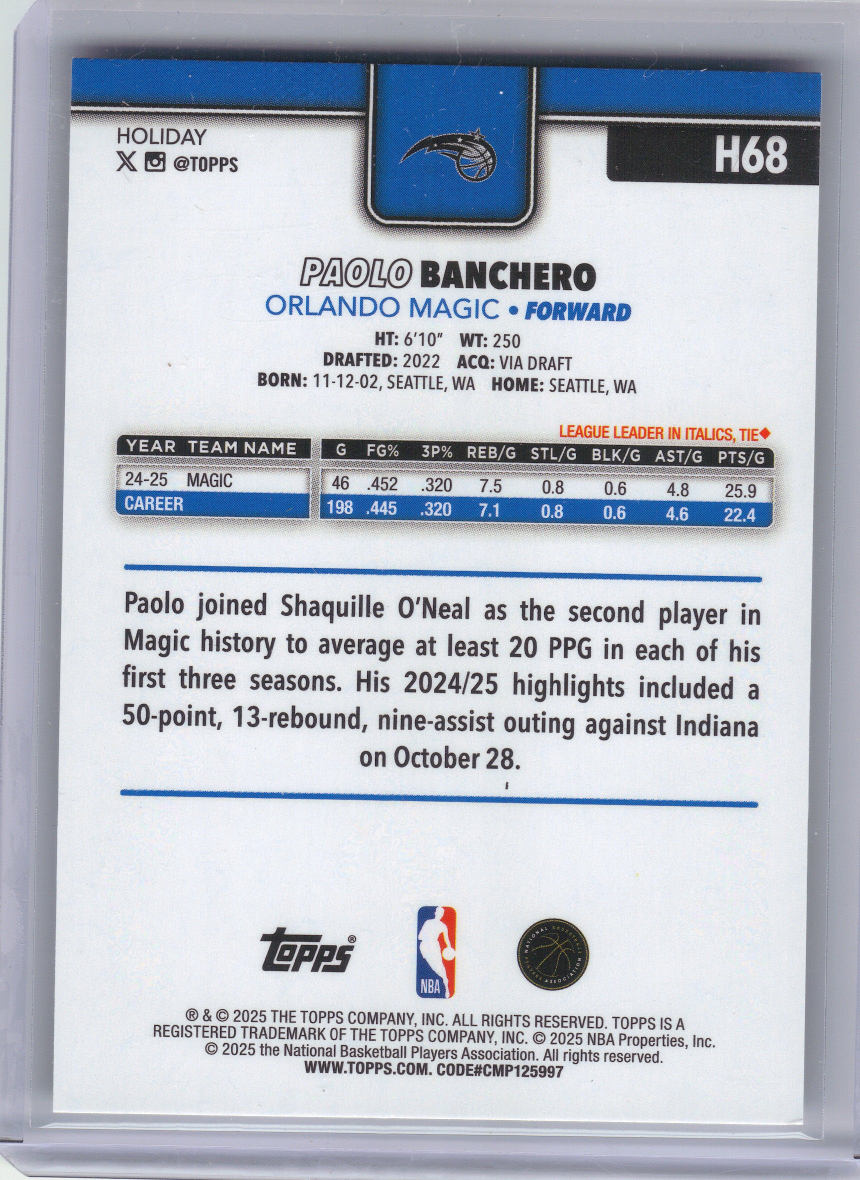 2025-26 Topps Holiday #H68 Paolo Banchero Orlando Magic