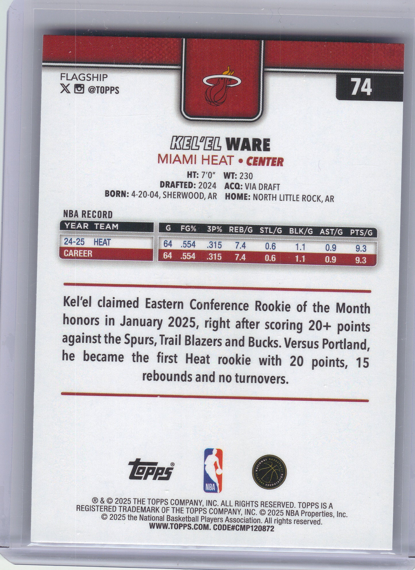 2025-26 Topps #74 Kel'el Ware Purple Holo Foil #/250 Miami Heat SN