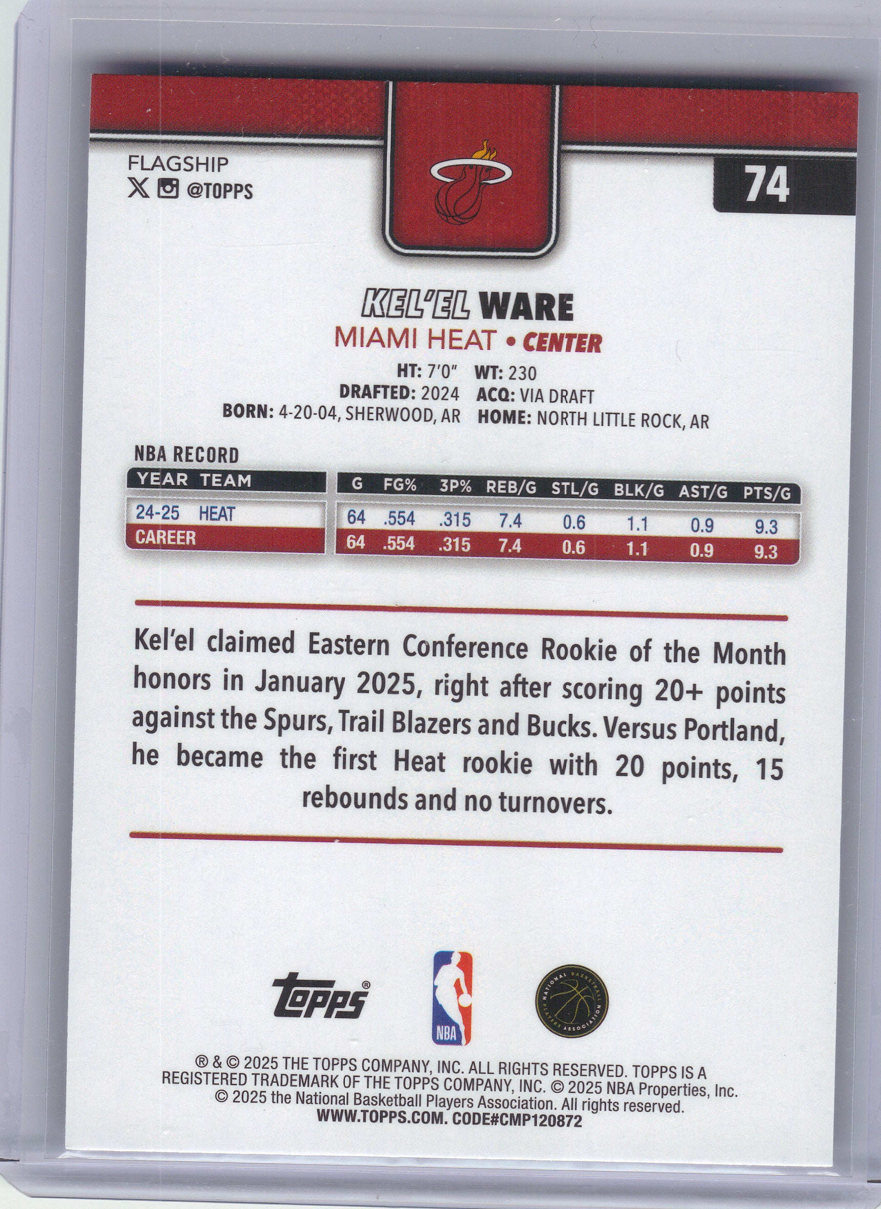 2025-26 Topps #74 Kel'el Ware Purple Holo Foil #/250 Miami Heat SN