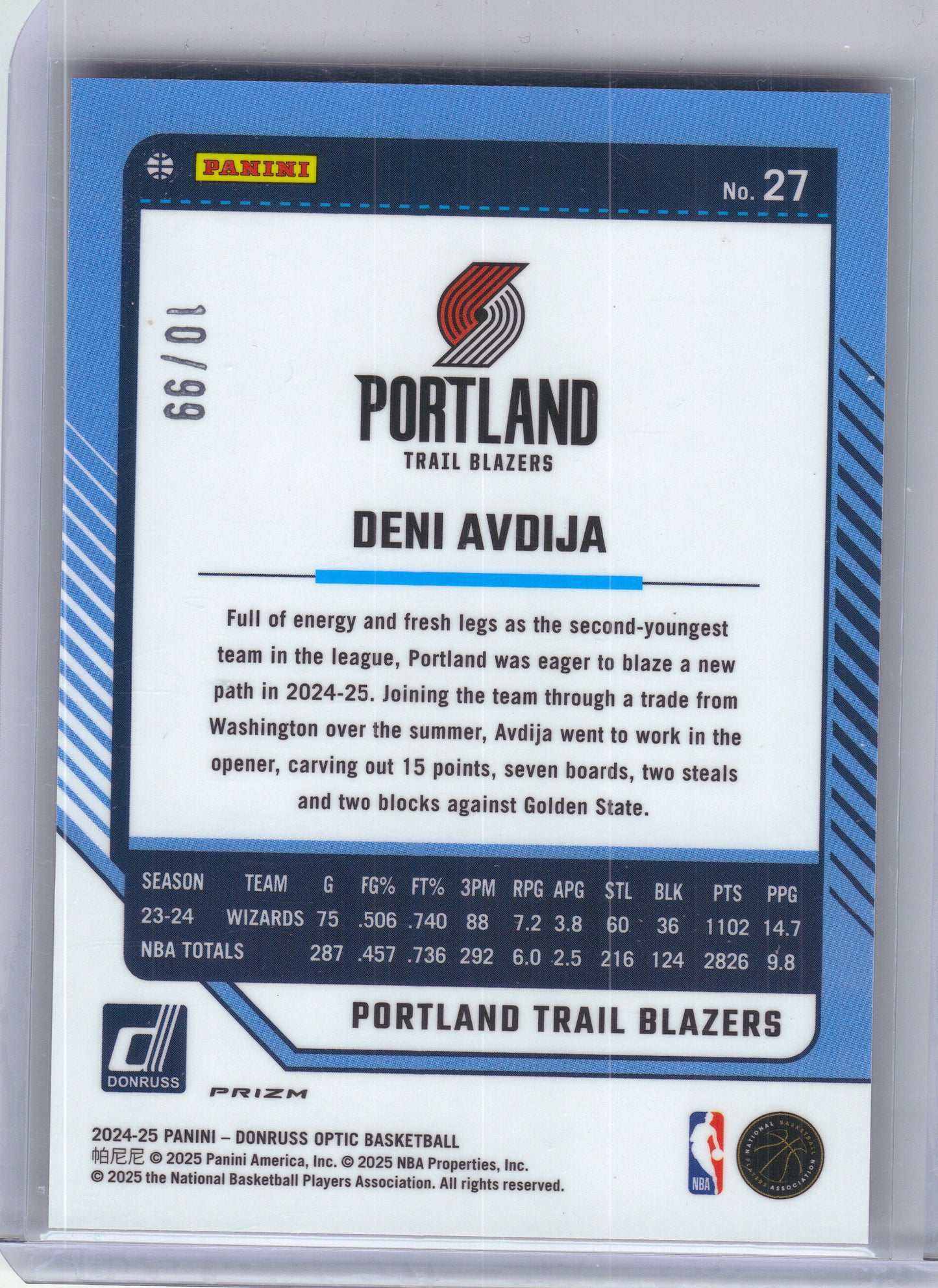 2024-25 Donruss Optic #27 Deni Avdija Red and Gold International #/99 Portland Trail Blazers SN
