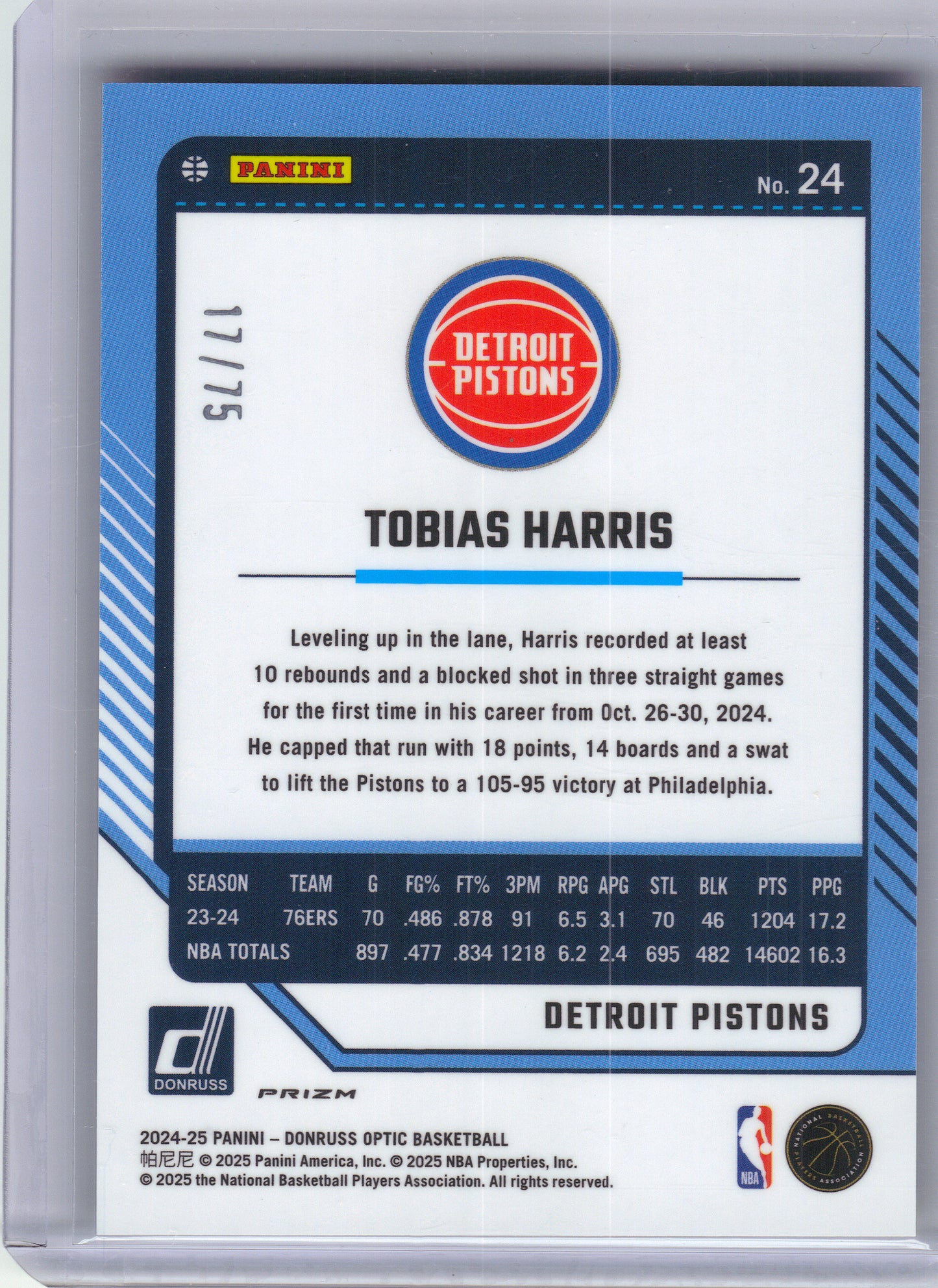 2024-25 Donruss Optic #24 Tobias Harris Electricity International #/75 Detroit Pistons SN
