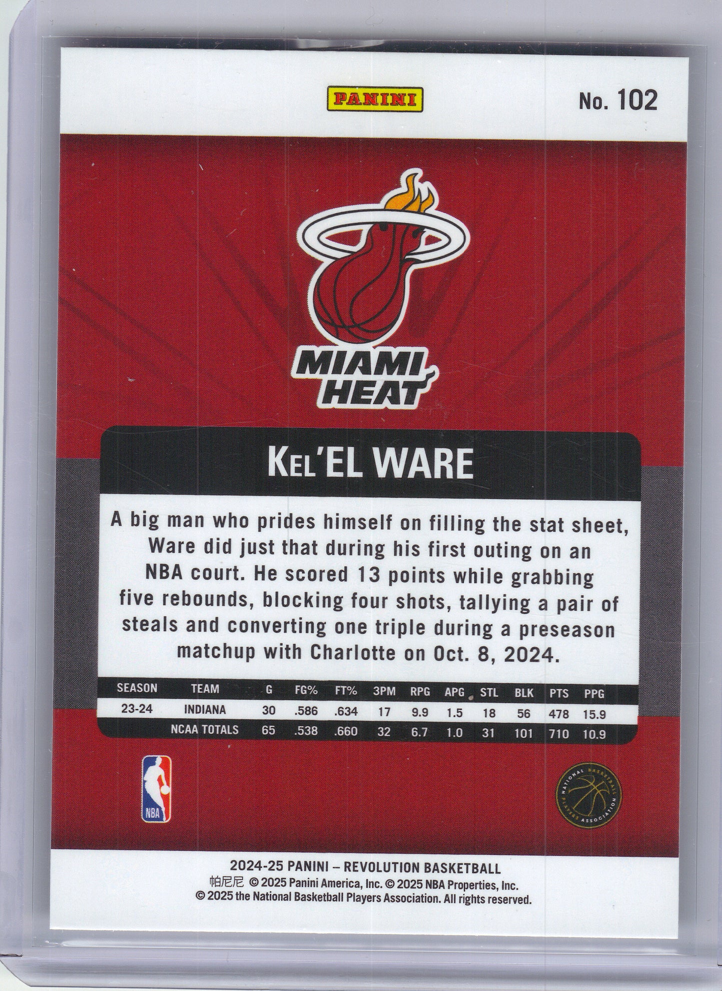 2024-25 Panini Revolution #102 Kel'el Ware Miami Heat Rookie