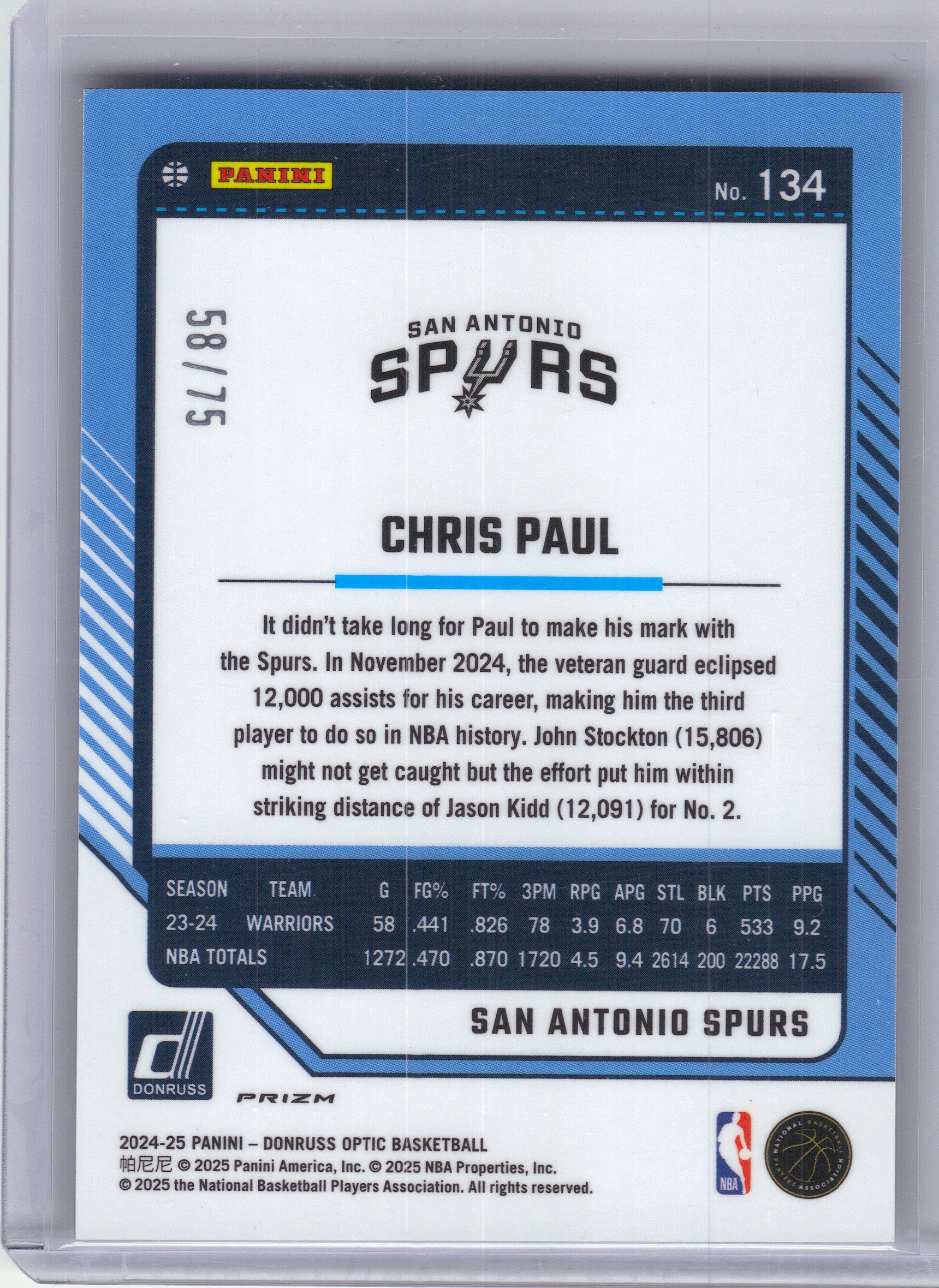 2024-25 Donruss Optic #134 Chris Paul Electricity International #/75 San Antonio Spurs SN