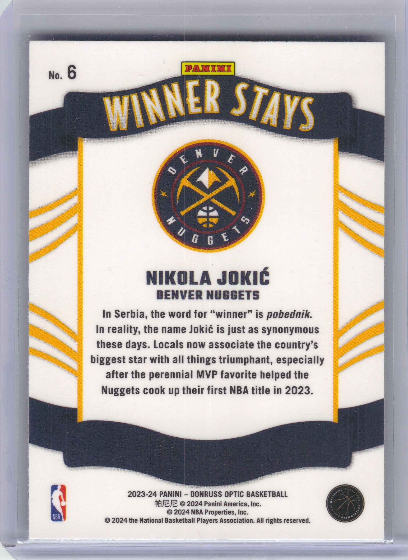 2023-24 Donruss Optic #6 Nikola Jokic Winner Stays Denver Nuggets