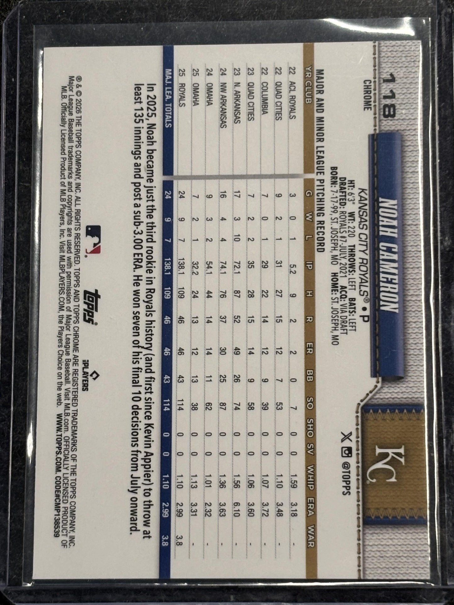 2026 Topps Chrome #118 Noah Cameron Raywave Refractors Kansas City Royals