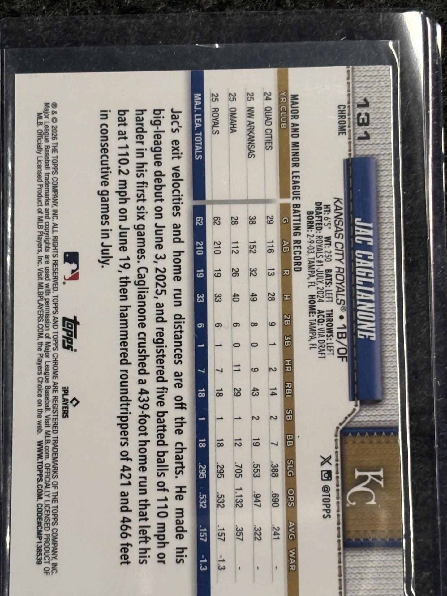 2026 Topps Chrome #131 Jac Caglianone Kansas City Royals Rookie